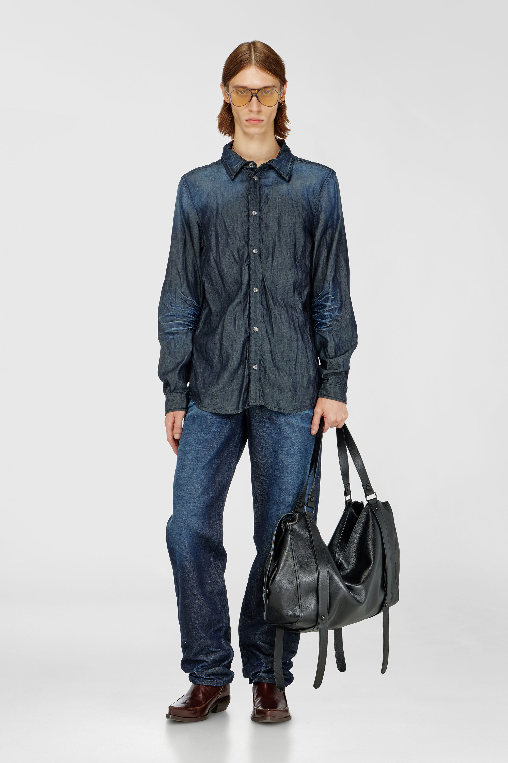 Diesel - D-SYNAR-FSJ1, Herren Hemd aus geknittertem Denim in Dunkelblau - 1
