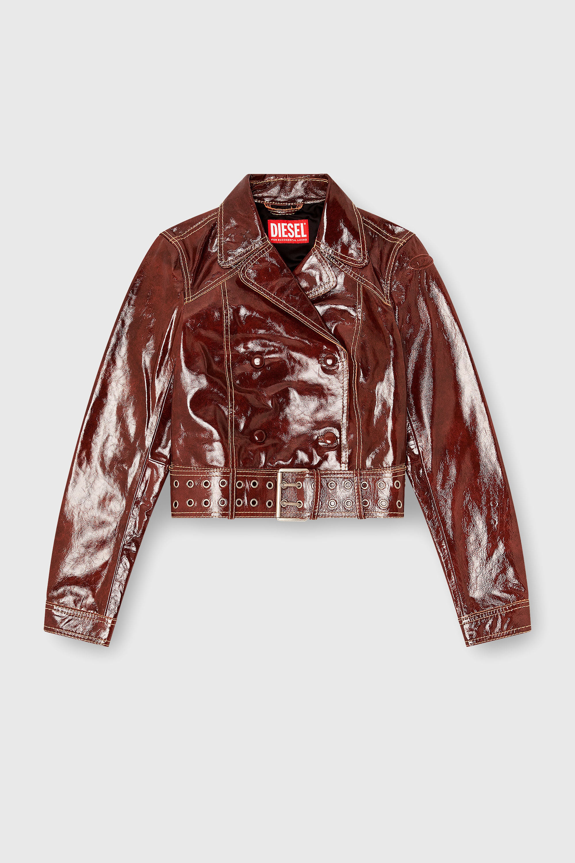 Diesel - L-EGEND, Damen Patent-leather jacket mit gro&szlig;em G&uuml;rtel in Braun - 2
