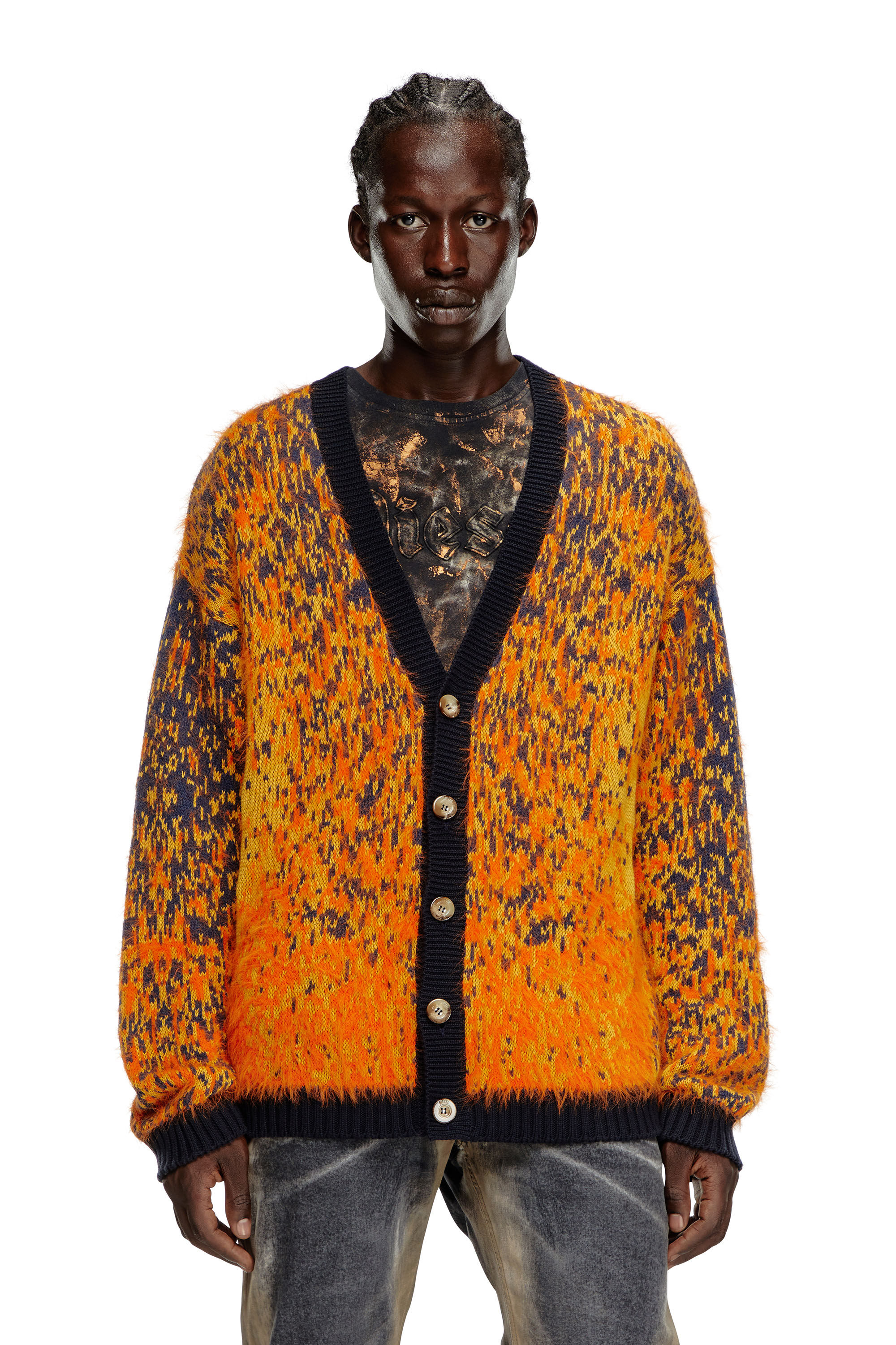 Herren Flauschiger Cardigan mit abstraktem Muster | Orange | Diesel