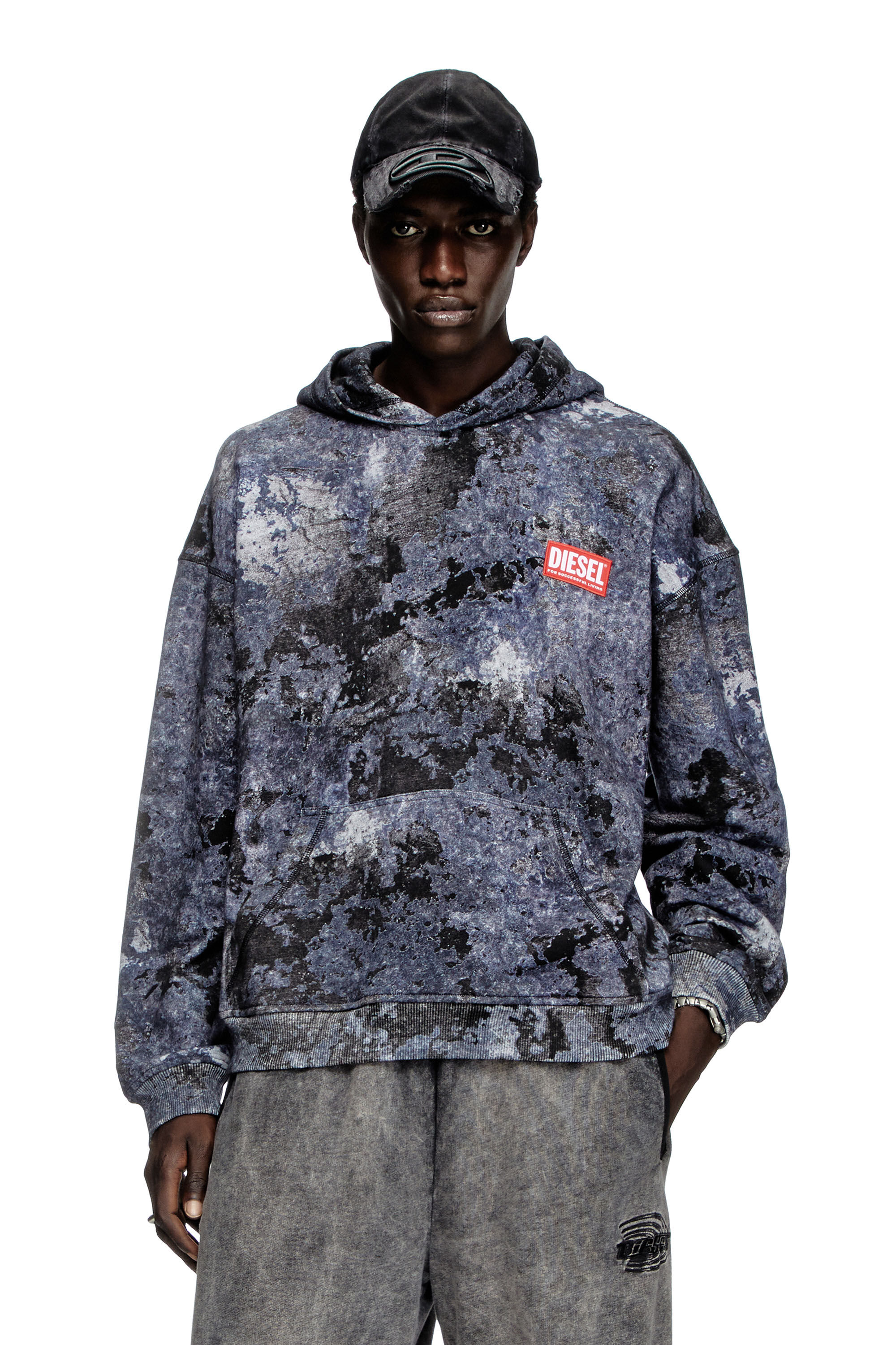 Diesel - S-BOXT-HOOD-R8, Herren Ausbrenner-Hoodie mit Marmor-Effekt in Blau - 3