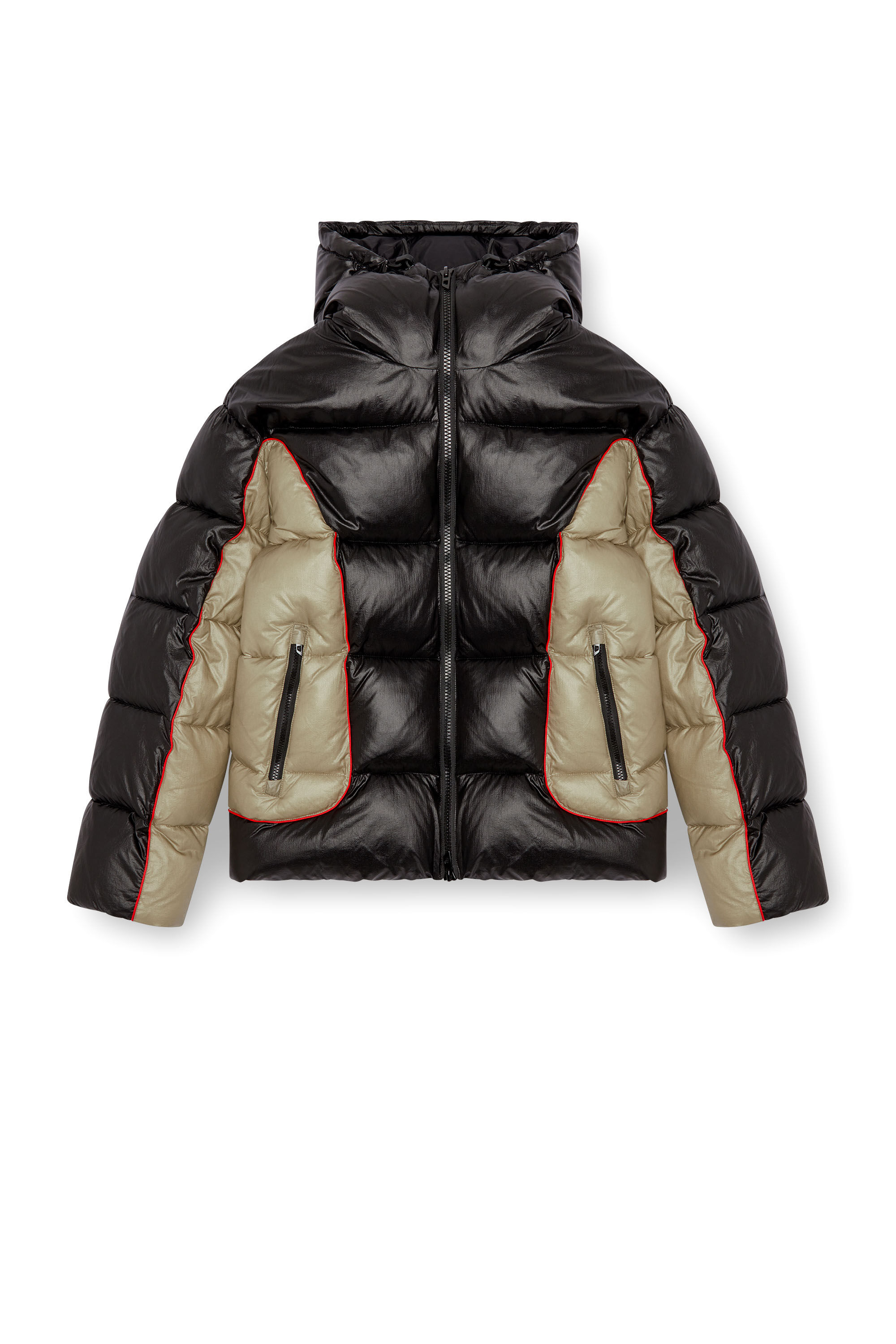 Diesel - W-OSTEND, Herren Pufferjacke mit Kapuze aus glänzendem Ripstop in Schwarz/Beige - 2