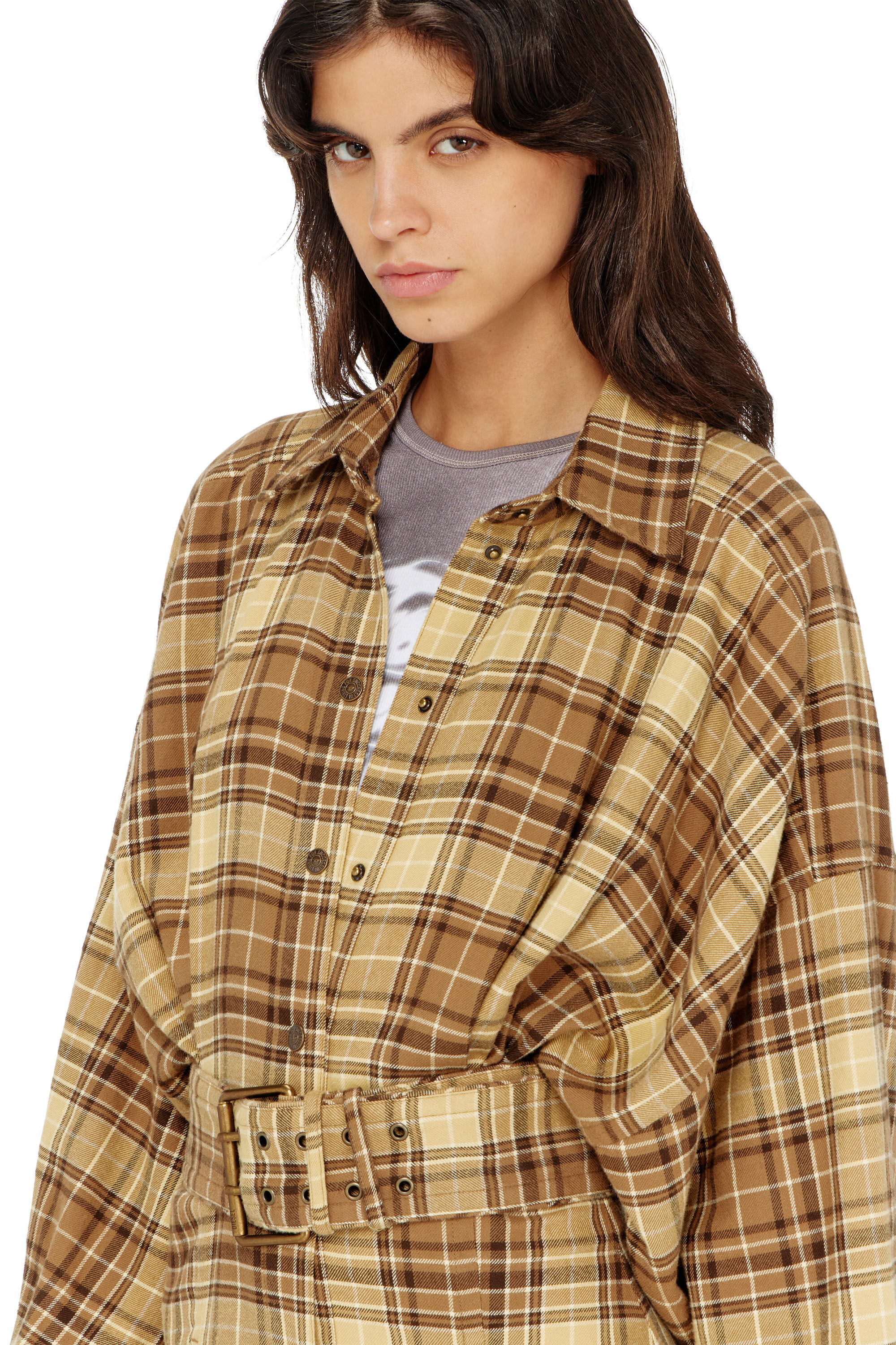 Diesel - D-EDALUS, Damen Midikleid aus kariertem Flanell mit breitem G&uuml;rtel in Braun/Gelb - 5