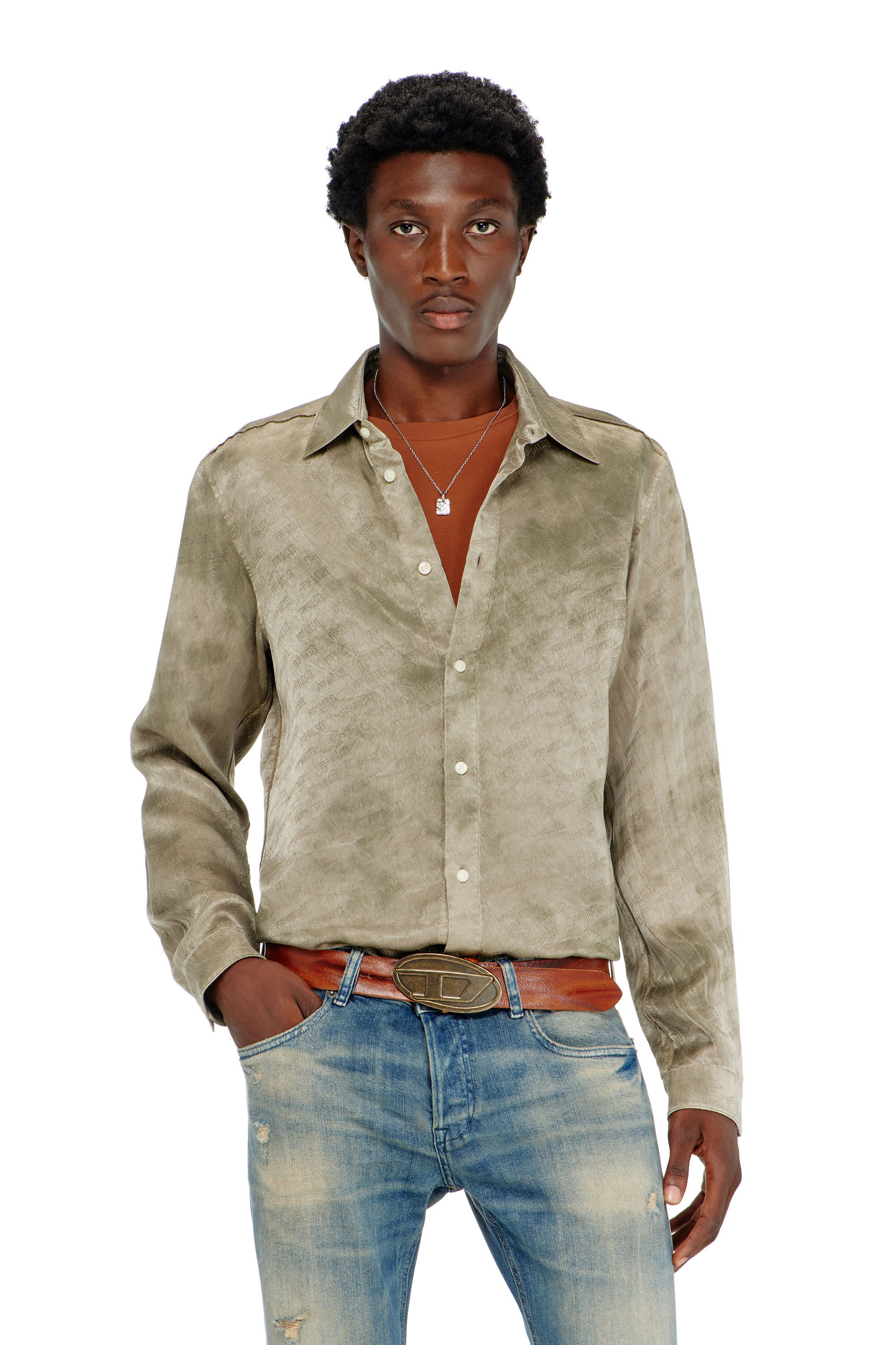 Diesel - S-KISSY-HNBW, Herren Shirt aus logo-jacquard-crinkled satin in Hellbraun - 3