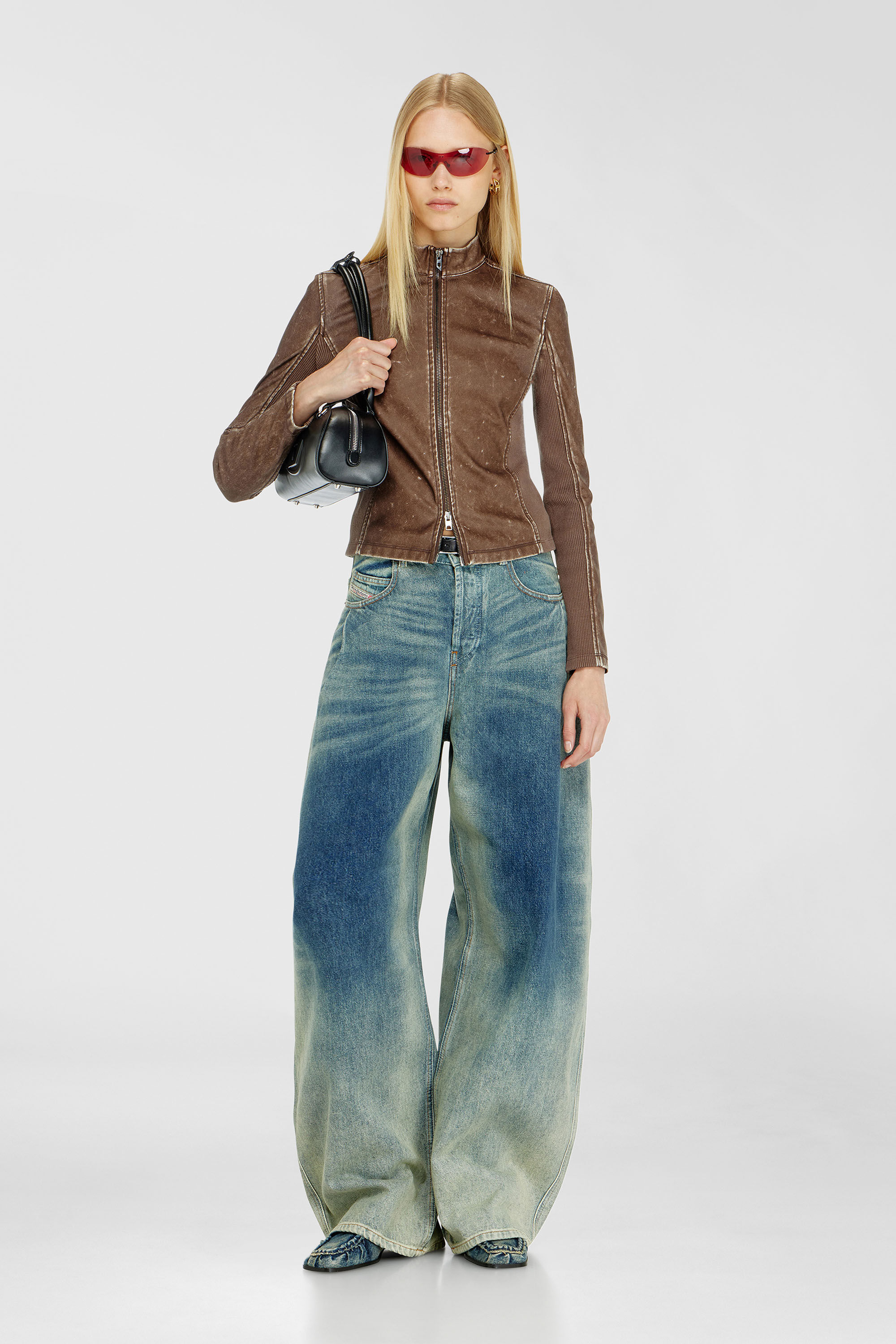 Diesel - T-HUNDER, Damen Bikerjacke mit Rippstrickeins&auml;tzen in Braun - 1