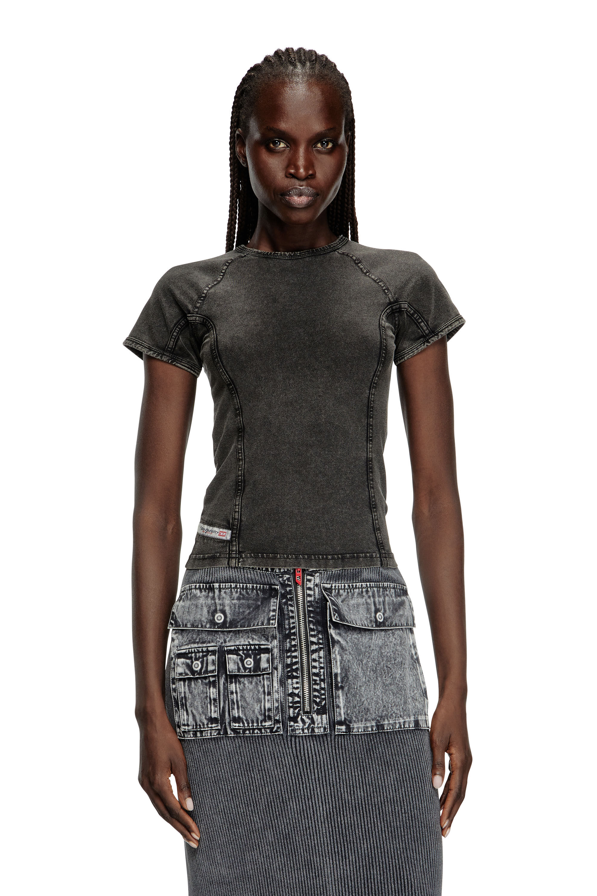 Diesel - T-LYNNE, Damen Top aus Stretch-Jersey mit Denim-Effekt in Schwarz - 3