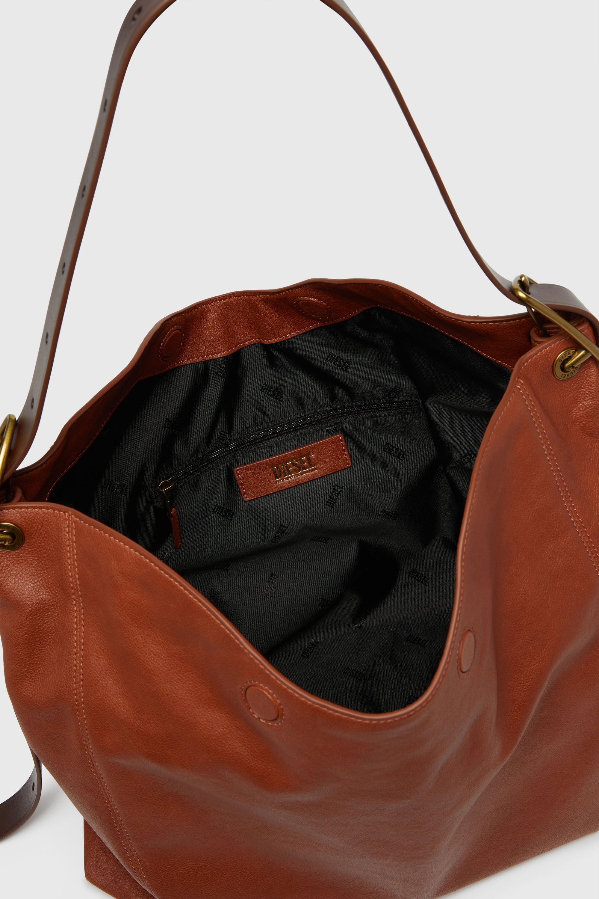 Diesel - D-LINE HOBO L, Damen D-Line-Hobo-Tasche aus gl&auml;nzendem, geknittertem Leder in Braun - 4