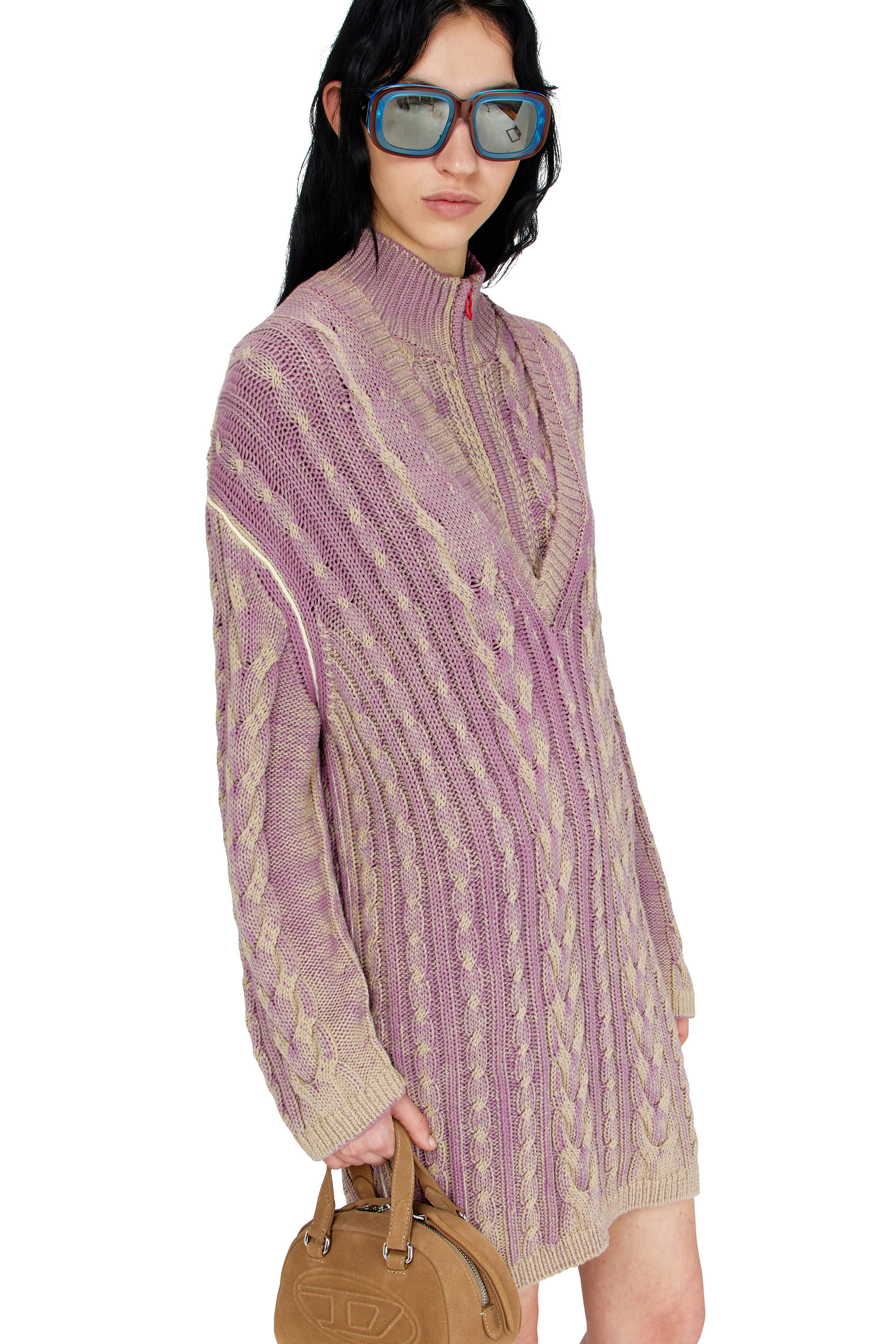 Diesel - M-ELGA, Damen Kurzes Strickkleid im Zopfmuster in Lila - 5