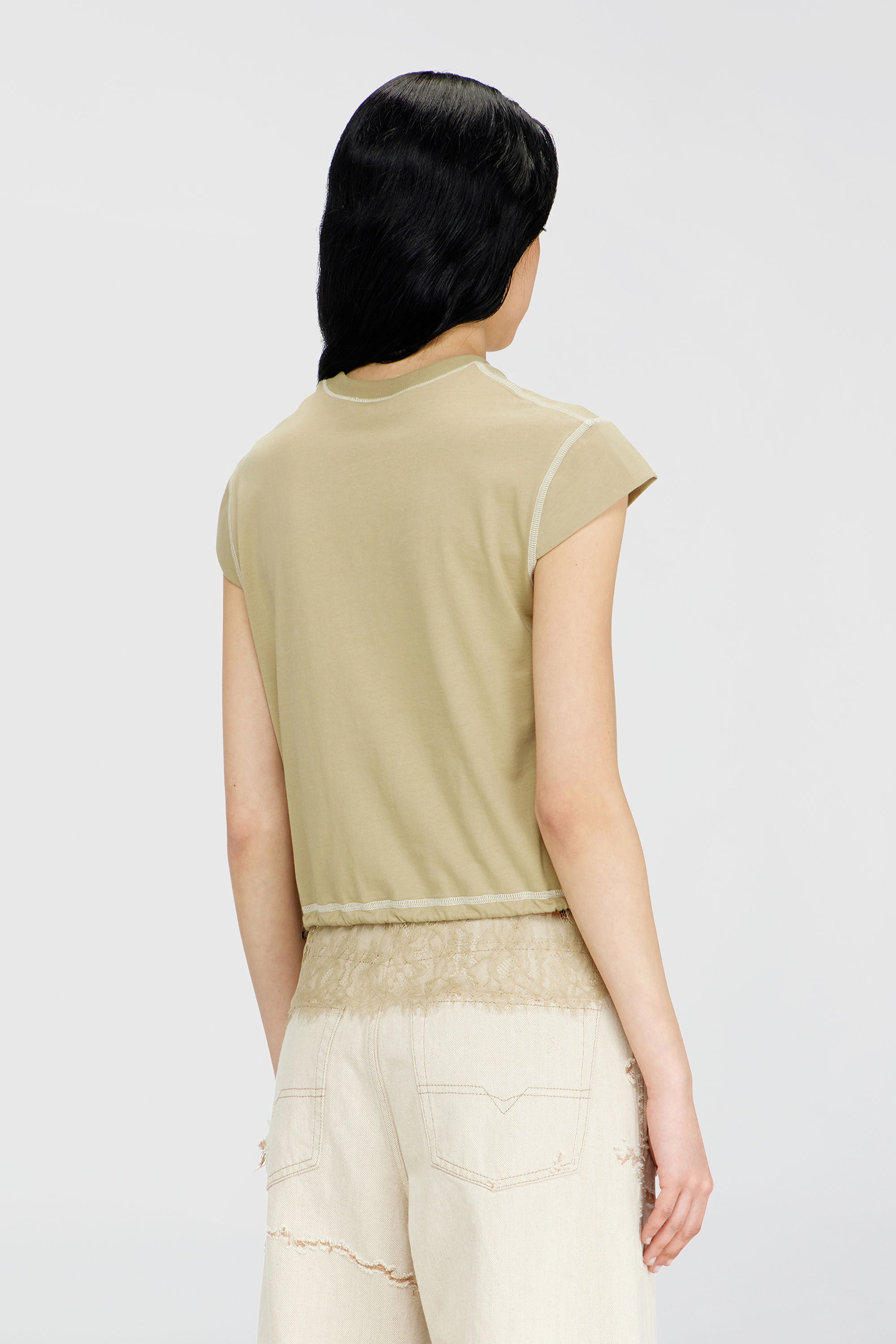 Diesel - T-LUNA, Damen Jersey-Top mit Spitzenbesatz am Saum in Beige - 4