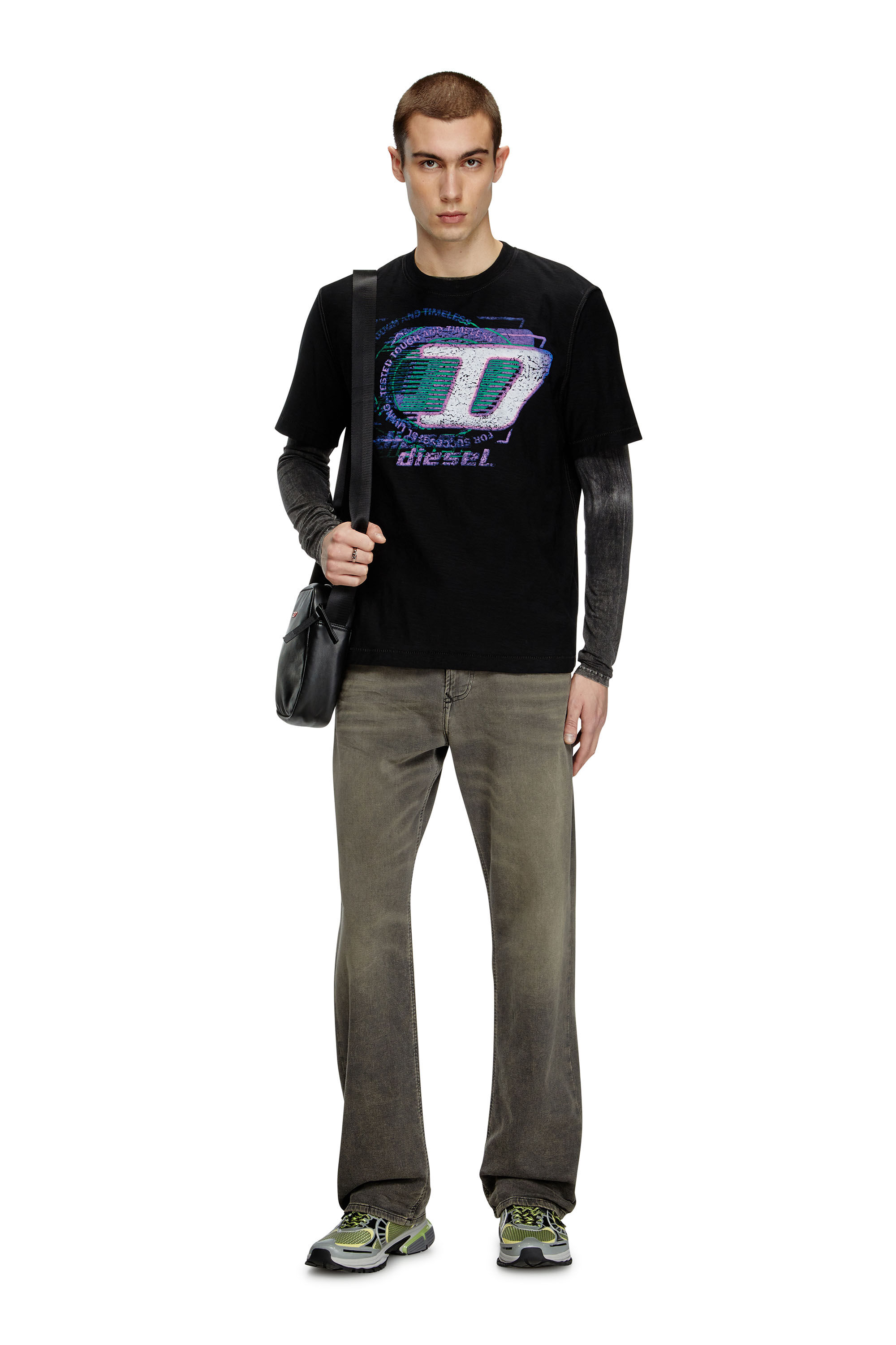 Diesel - T-ADJUST-R11, Herren T-Shirt aus grober Baumwolle mit beflocktem Logo in Schwarz - 1