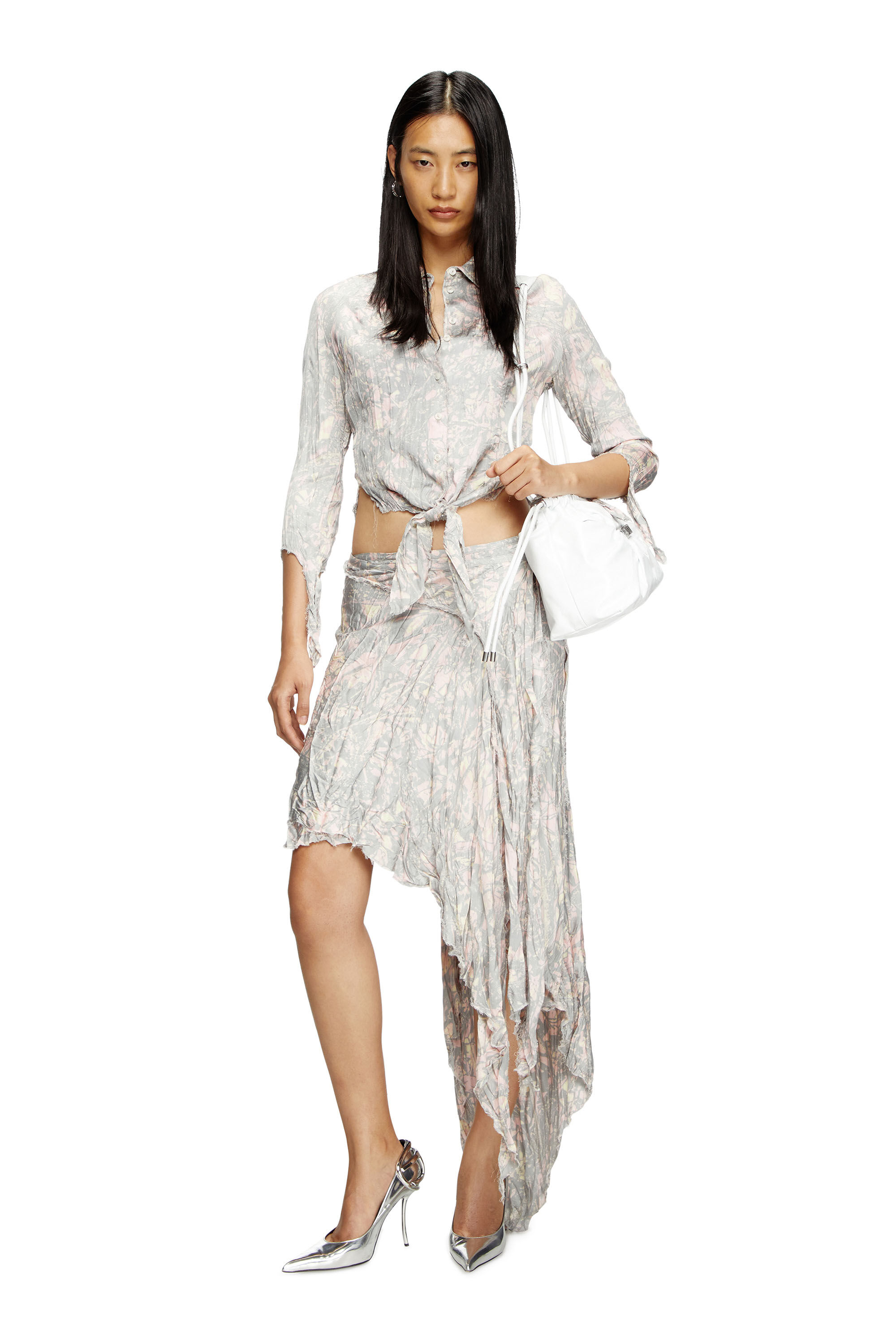 Diesel - O-PHELIA, Damen Asymmetrischer geraffter Rock in Grau/Rosa - 1