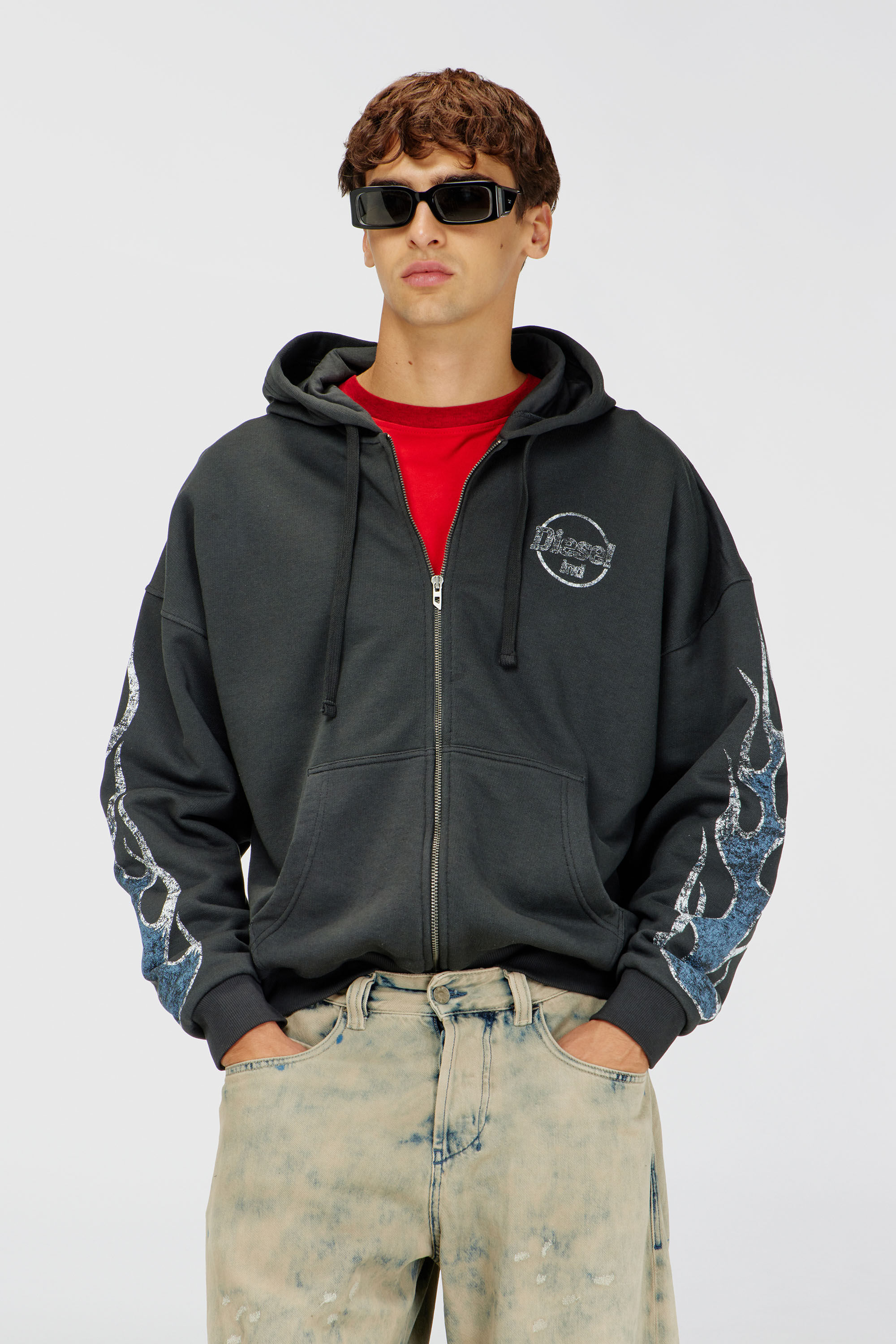 Diesel - S-TOLY-ZIP, Herren Kapuzensweatjacke mit crack print in Dunkelgrau - 3