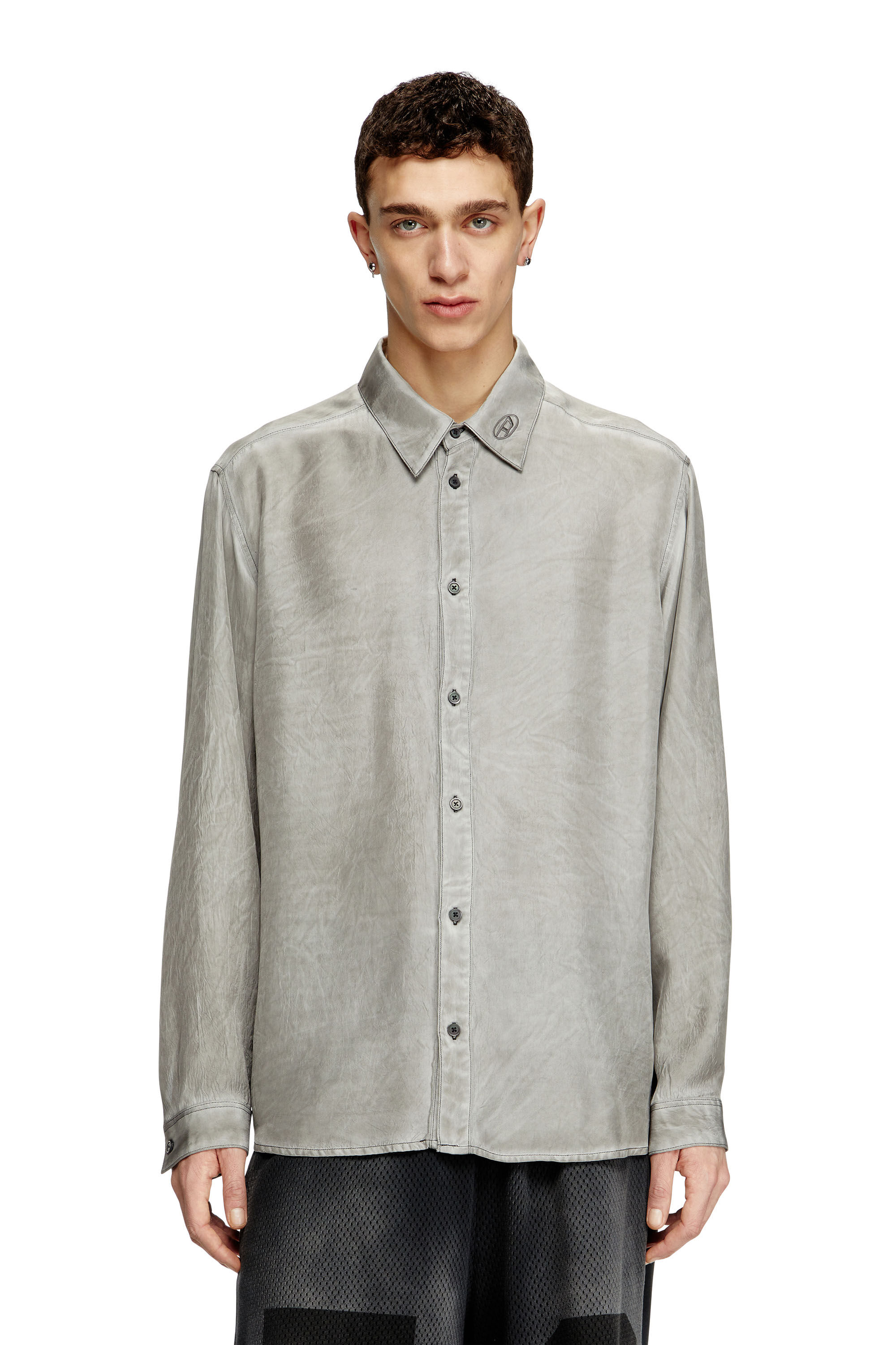 Diesel - S-LEON, Unisex Fließendes Knitter-Hemd mit Logo-Kragen in Grau - 3