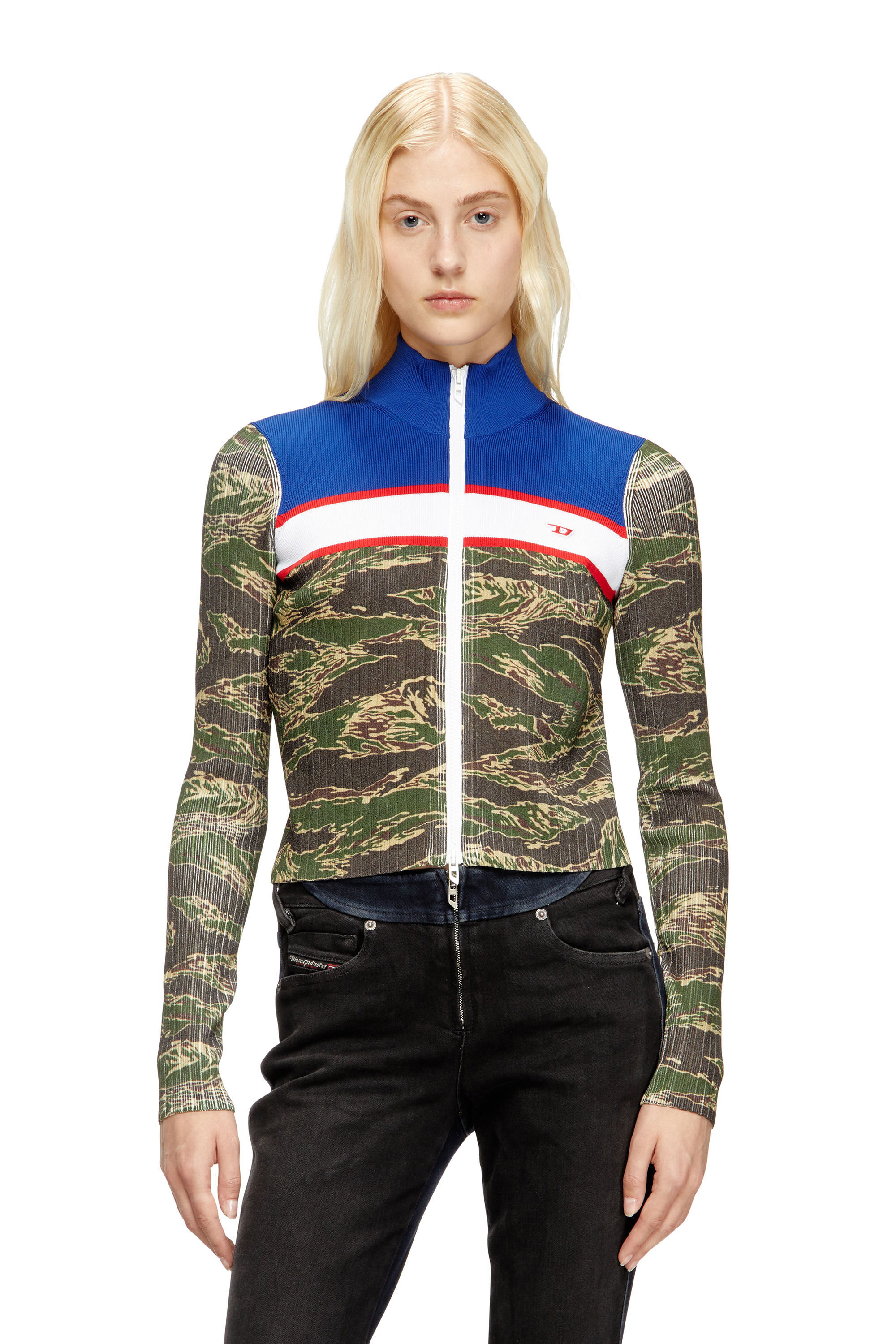 Diesel - M-CAMUT, Damen Pullover aus gerippter Viskose mit Camo-Reißverschluss in Blau/Grün - 3