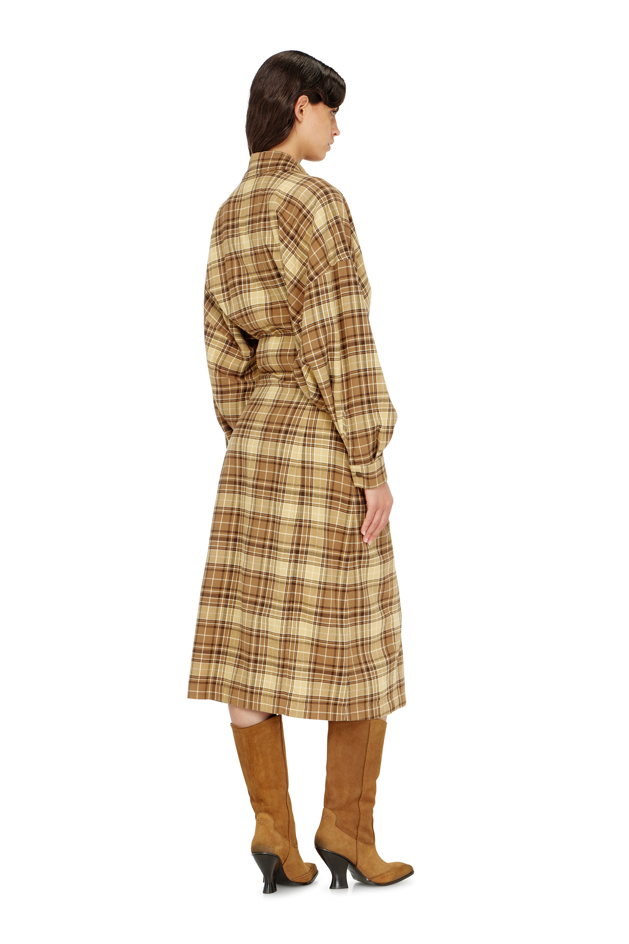 Diesel - D-EDALUS, Damen Midikleid aus kariertem Flanell mit breitem G&uuml;rtel in Braun/Gelb - 4