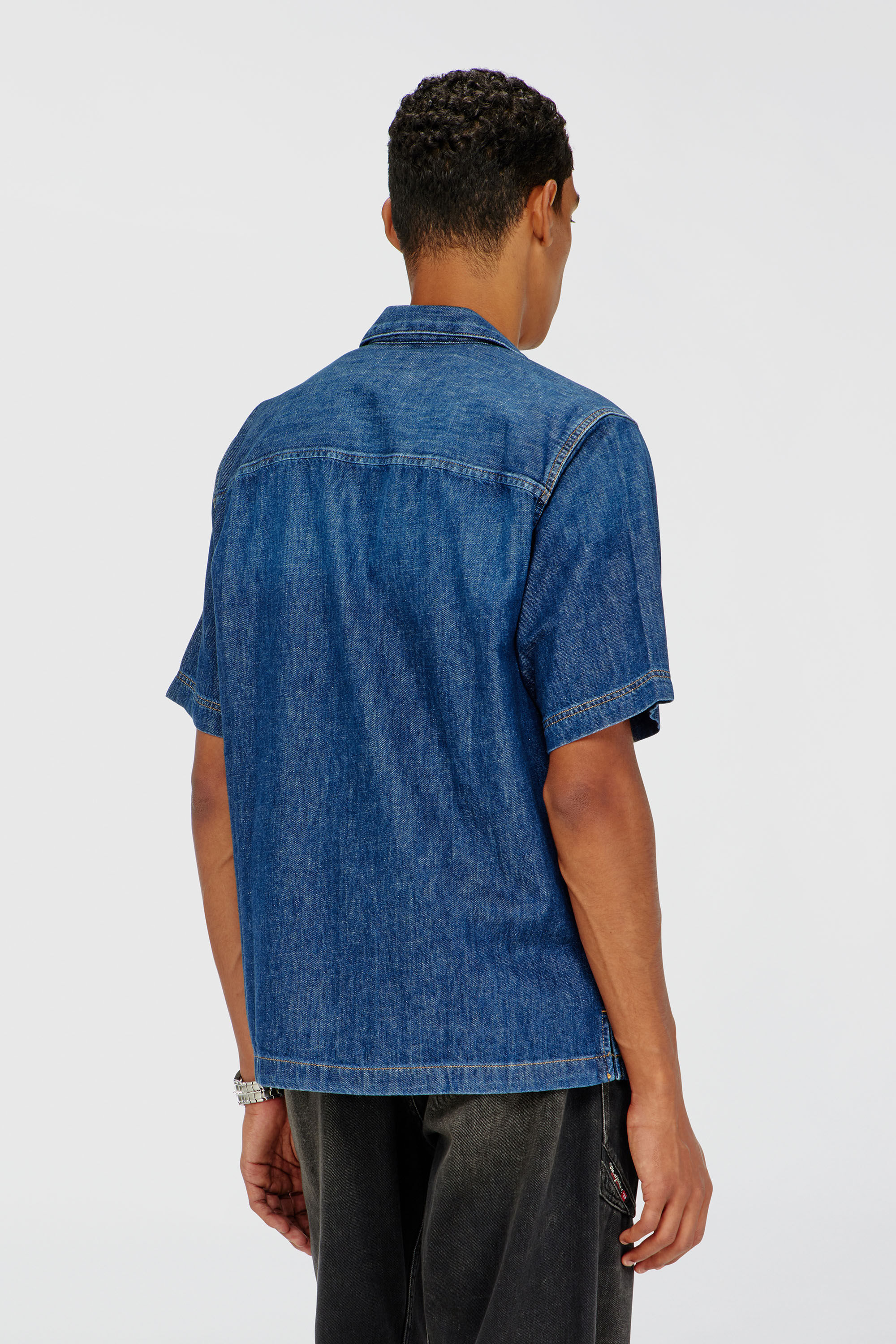 Diesel - D-PAROSHORT, Man's Bowling shirt in denim in Dark Blue - 4