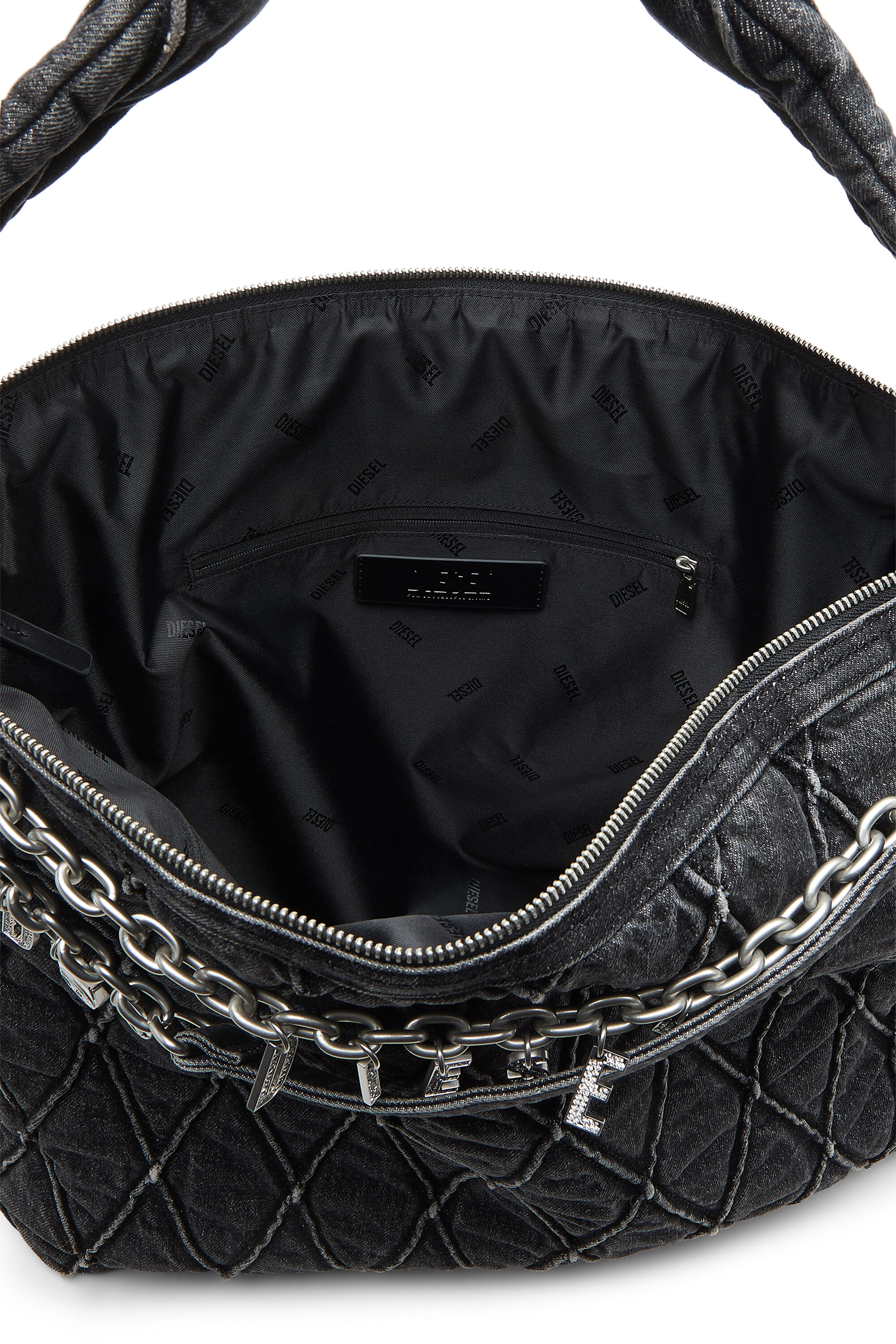 Diesel - HOSHI CHARM-D HOBO, Damen Gesteppte Hobo-Tasche aus Denim mit Kettenanhängern in Schwarz - 5
