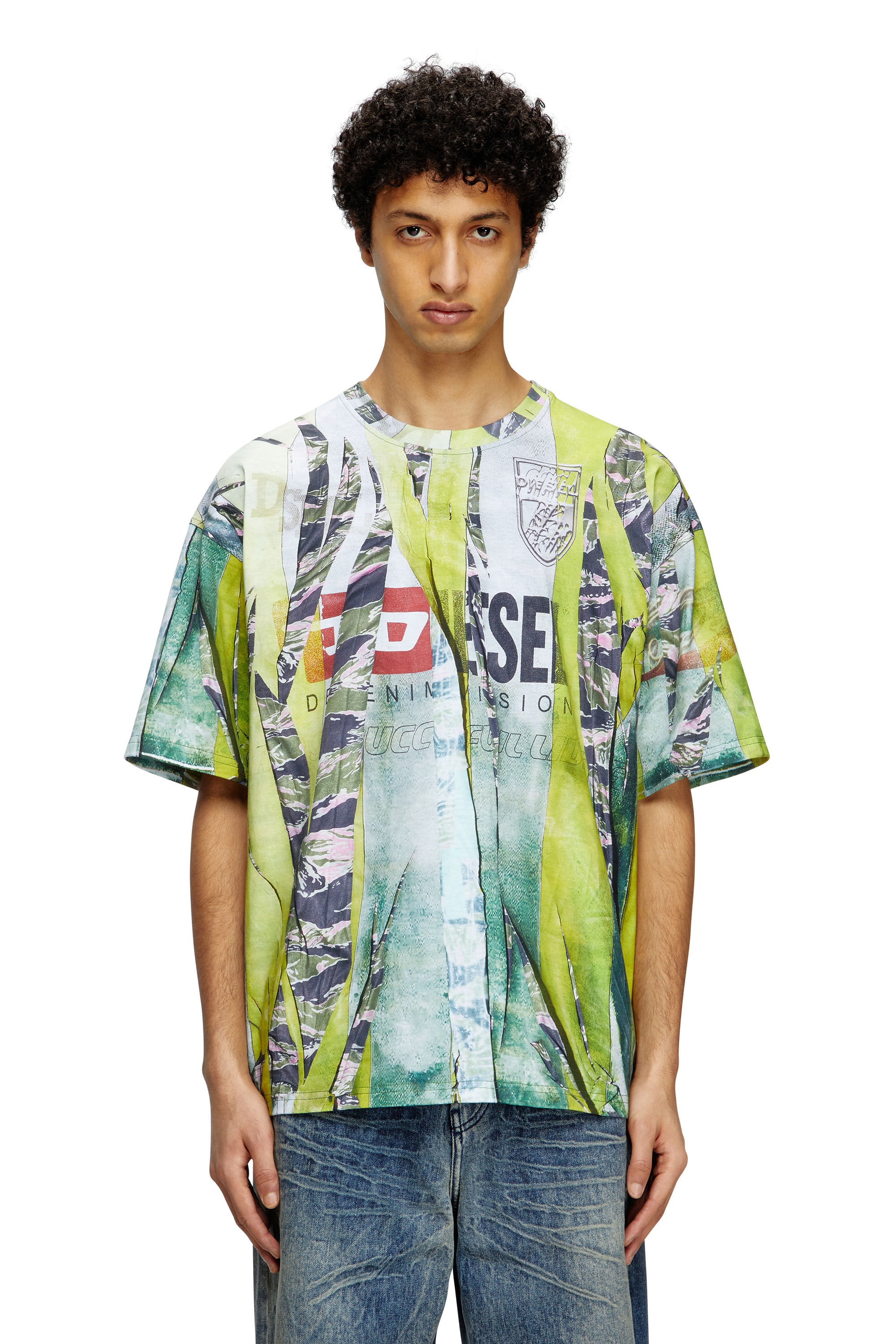 Diesel - T-BOXT-R13, Herren T-Shirt mit gerissenem Trompe l'œil-Print in Grün/Gelb - 3