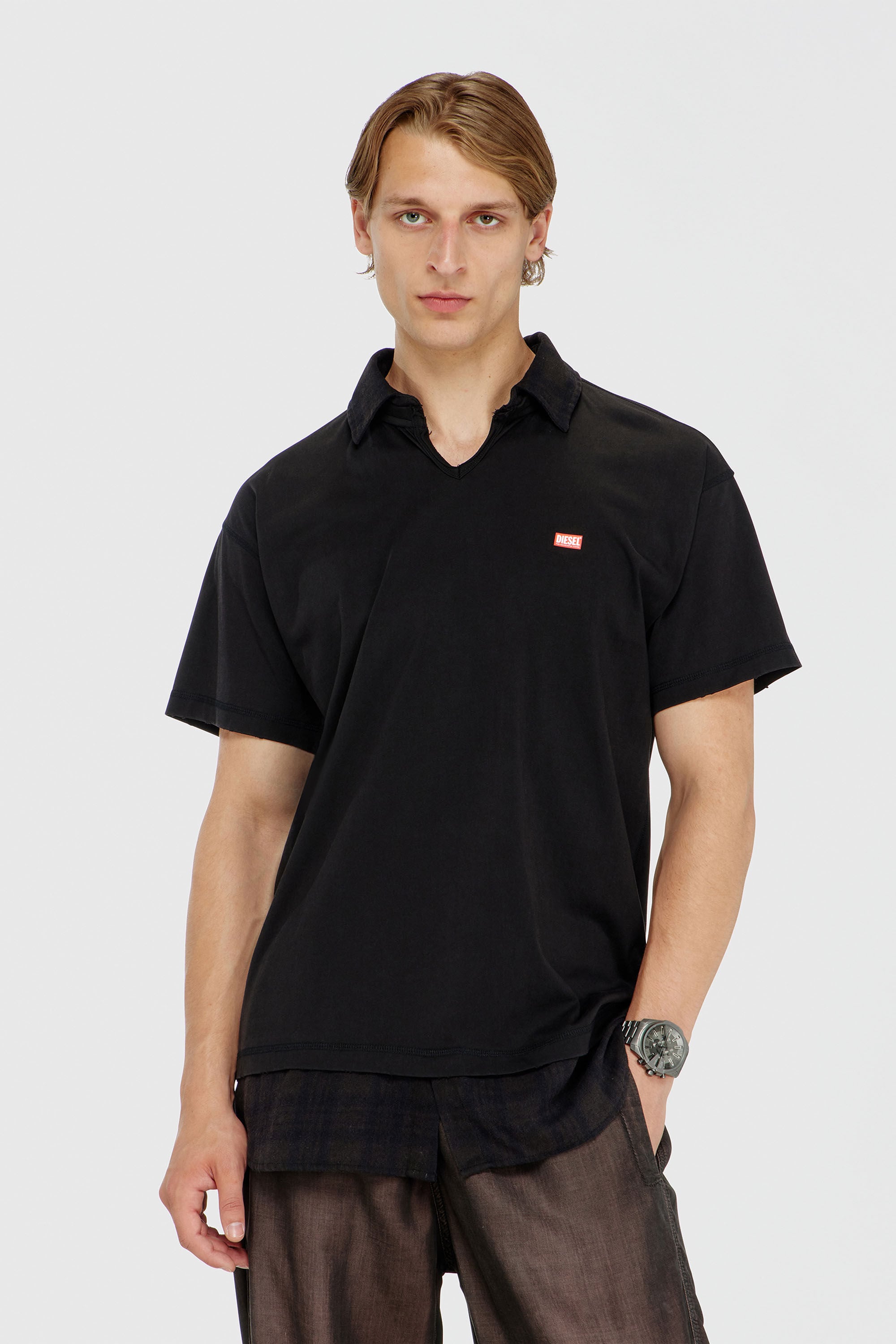 Diesel - T-ANSEL, Herren Jersey-Poloshirt mit Flanellkaro-Details in Schwarz - 3