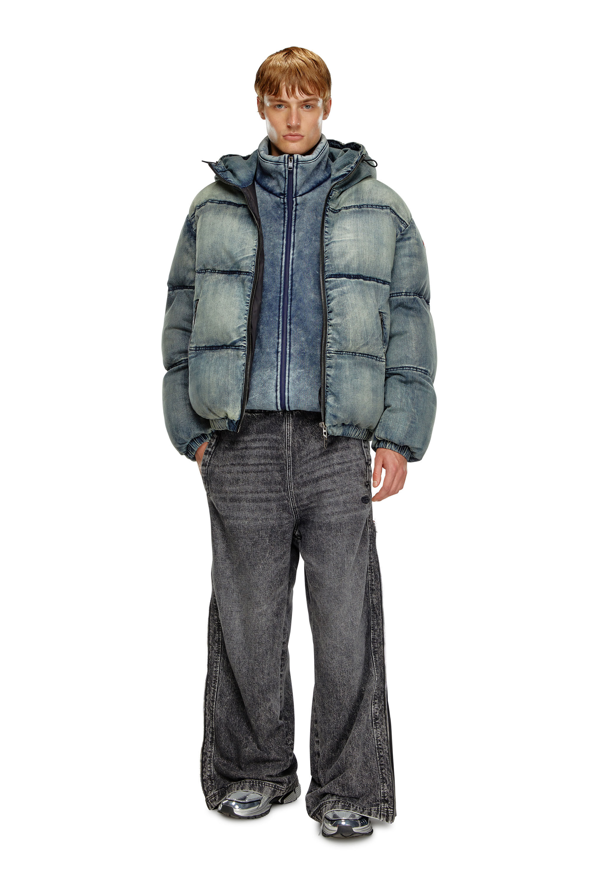 Diesel - W-MONS, Herren Pufferjacke aus behandeltem Denim in Blau - 1