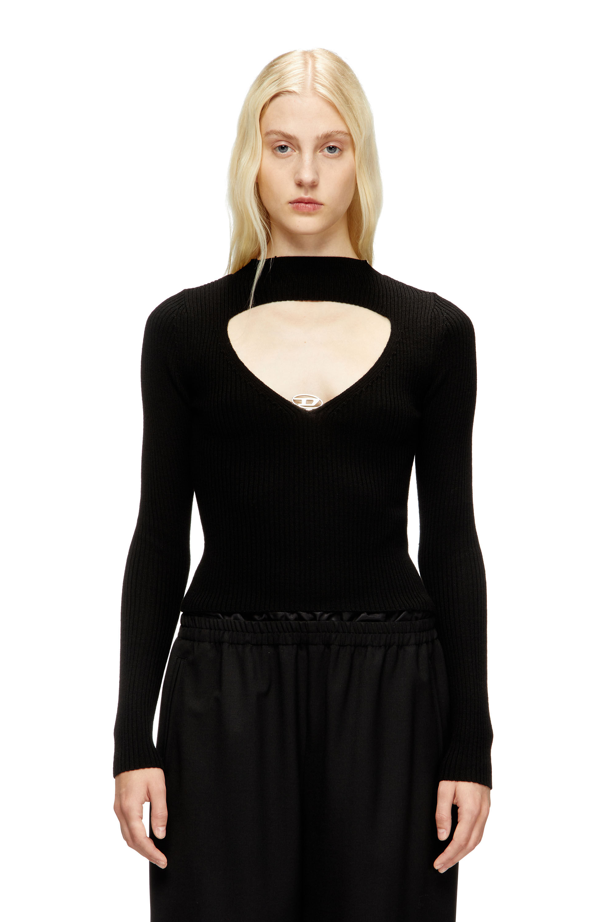 Diesel - M-OLINA, Damen Gerippter Pullover aus Wolle mit Ausschnitt in Schwarz - 3