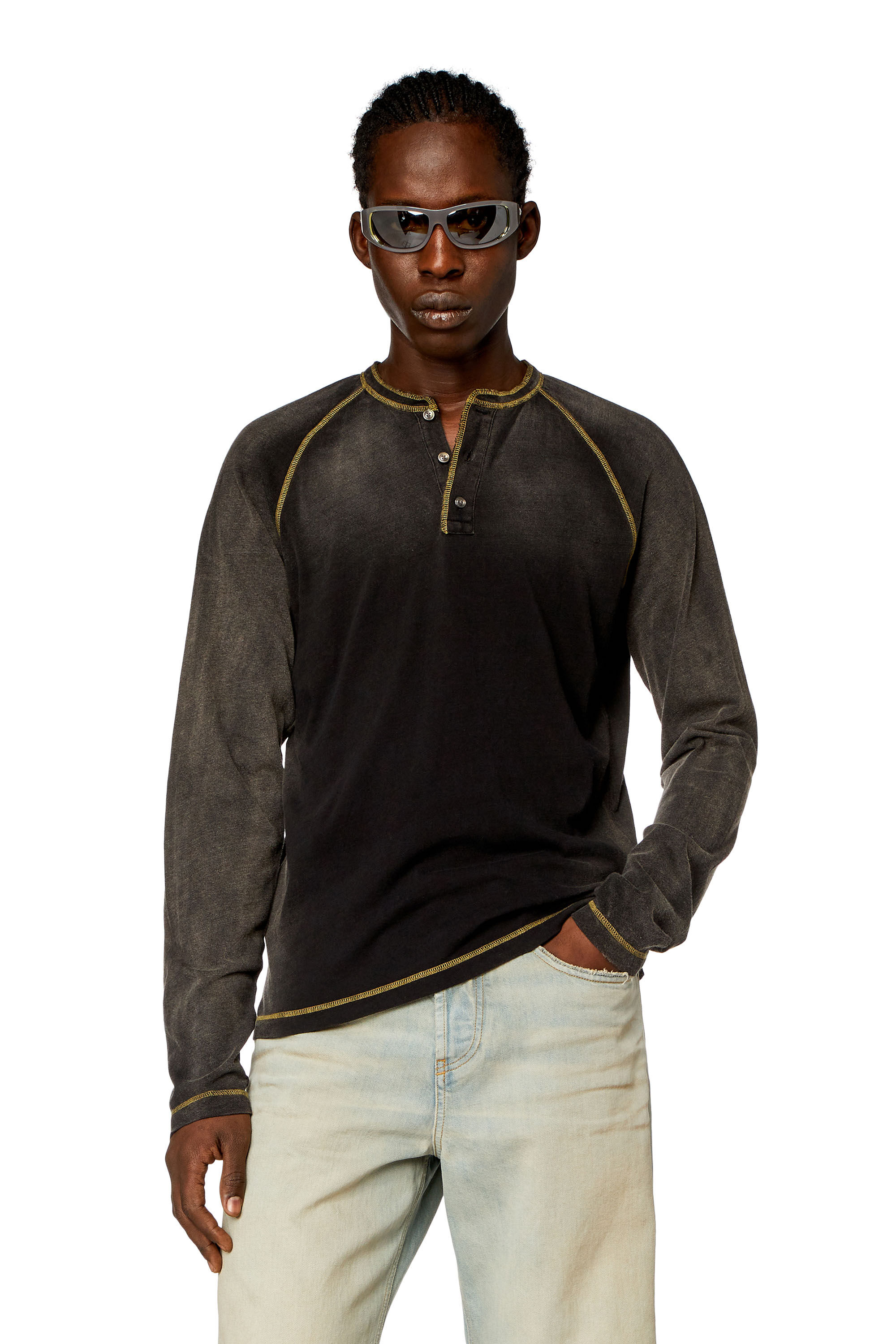 Diesel - T-RISY, Herren Henley-T-Shirt in sonnengebleichter Optik in Schwarz - 3