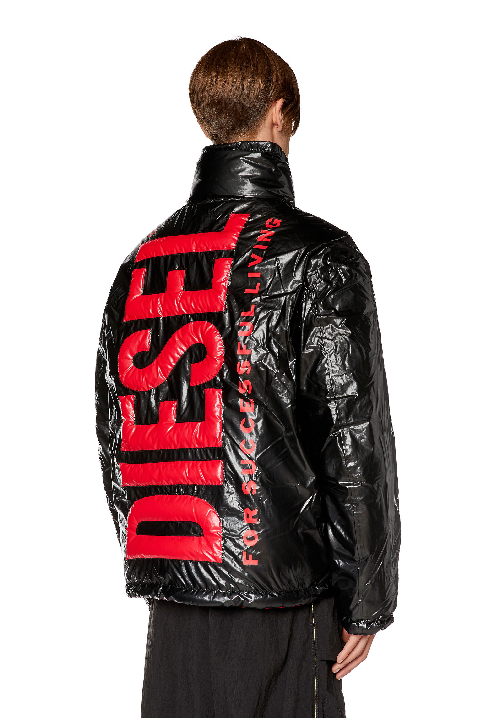 Diesel - W-JUPIT, Herren Jacke aus glänzendem Nylon mit Maxi-Logo in Schwarz/Rot - 3
