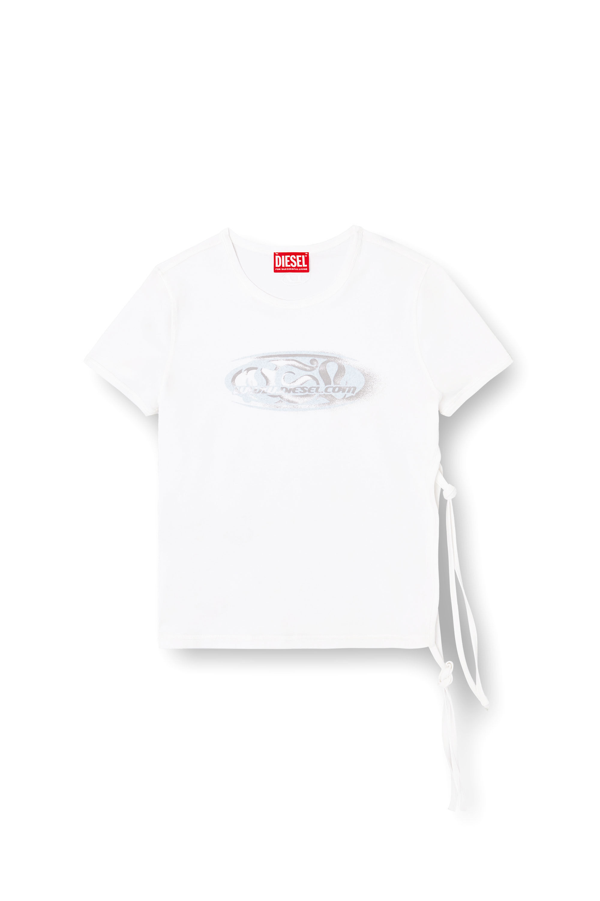 Diesel - T-LAYA, Damen Seitlich knüpfbares T-Shirt mit Grafik-Logo in Weiß - 2