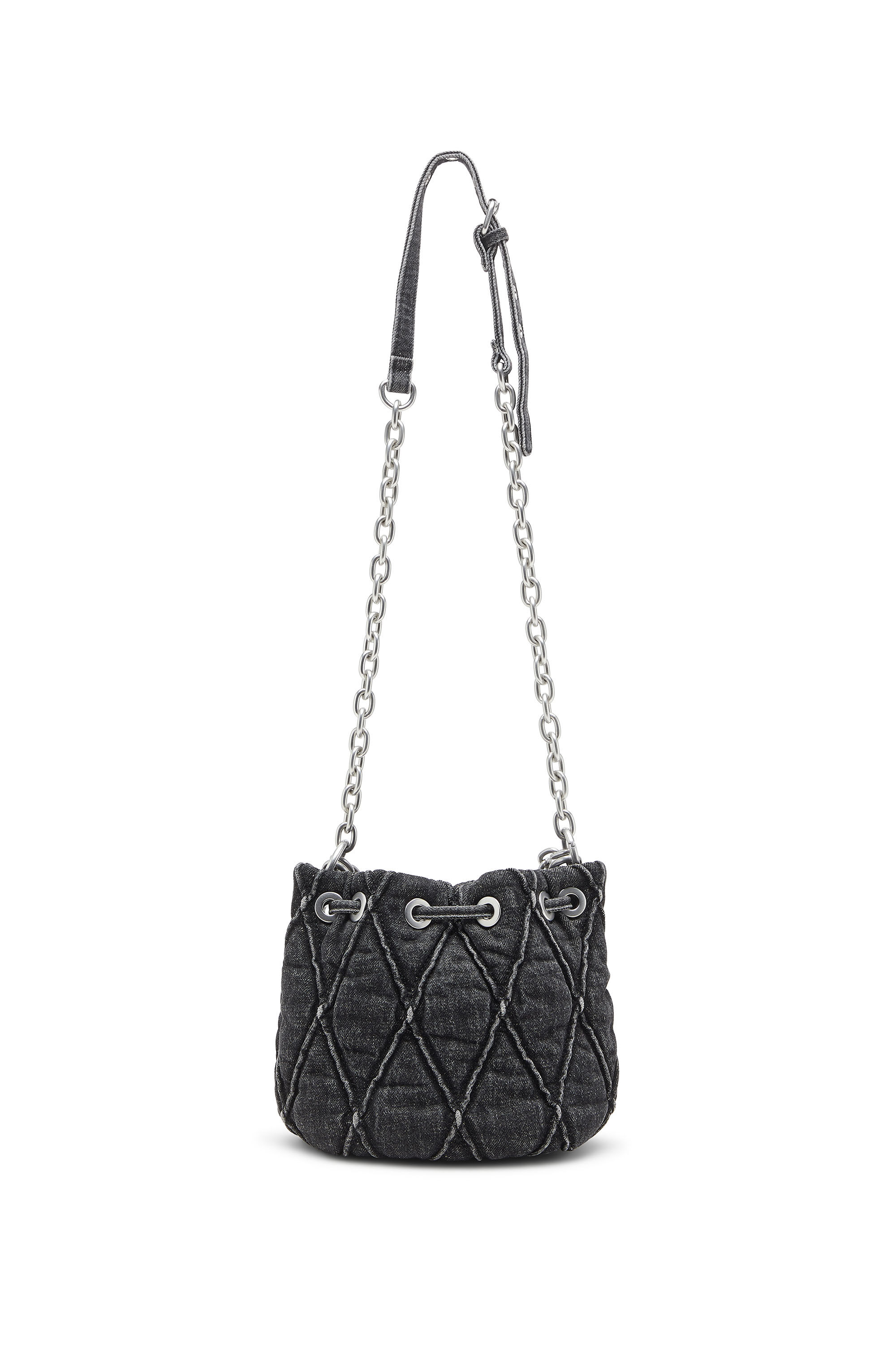 Diesel - HOSHI CHARM-D BUCKET S, Damen Gesteppte Beuteltasche aus Denim mit Kettenanhängern in Schwarz - 3