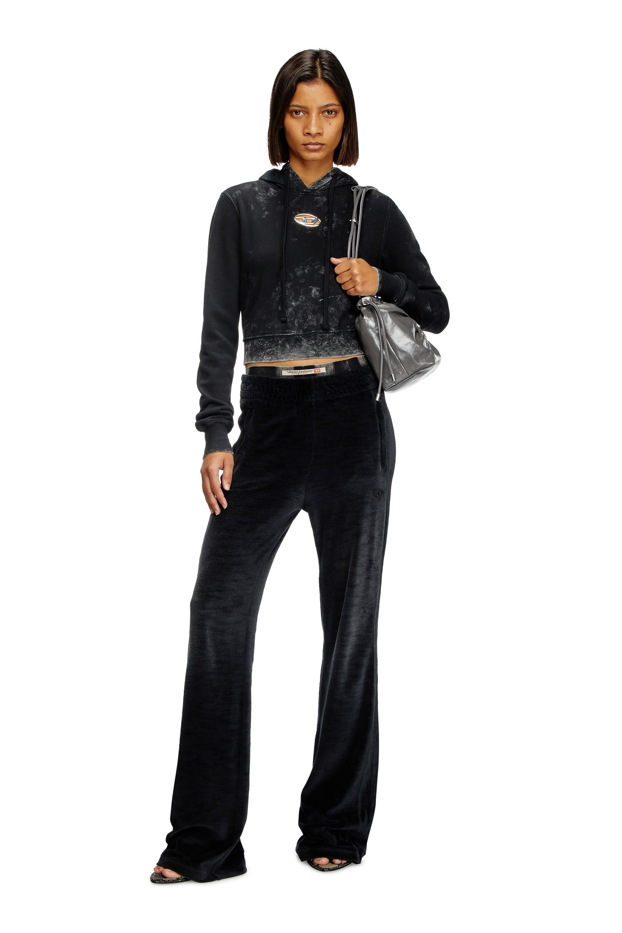 Diesel - F-SLIMMY-HOOD-P5, Damen Verblasster Cut-out-Hoodie mit Metall-Logo in Schwarz - 1