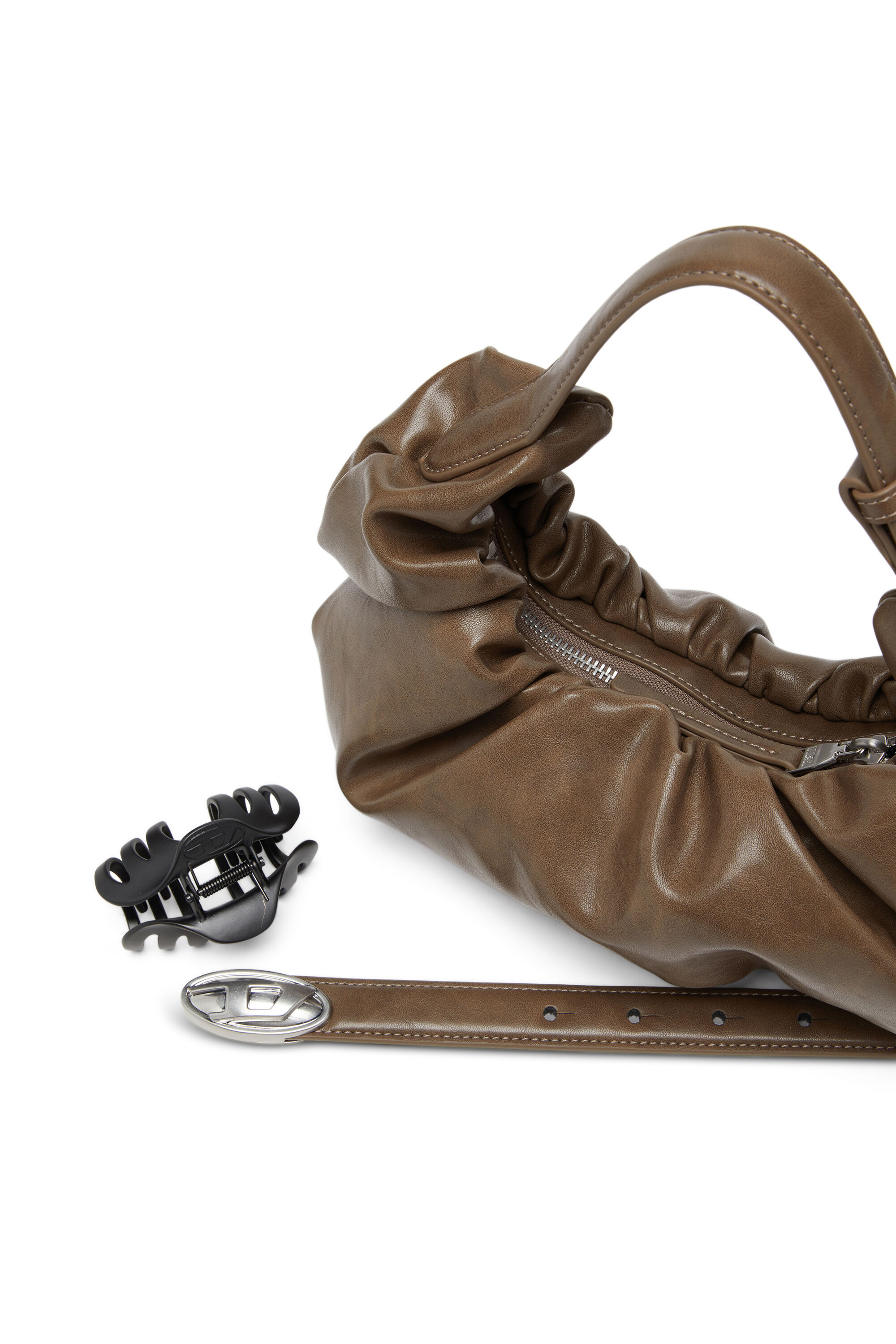 Diesel - GRAB-D HOBO S, Damen Kleine zerknitterte Hobo-Tasche aus glänzendem PU in Braun - 5