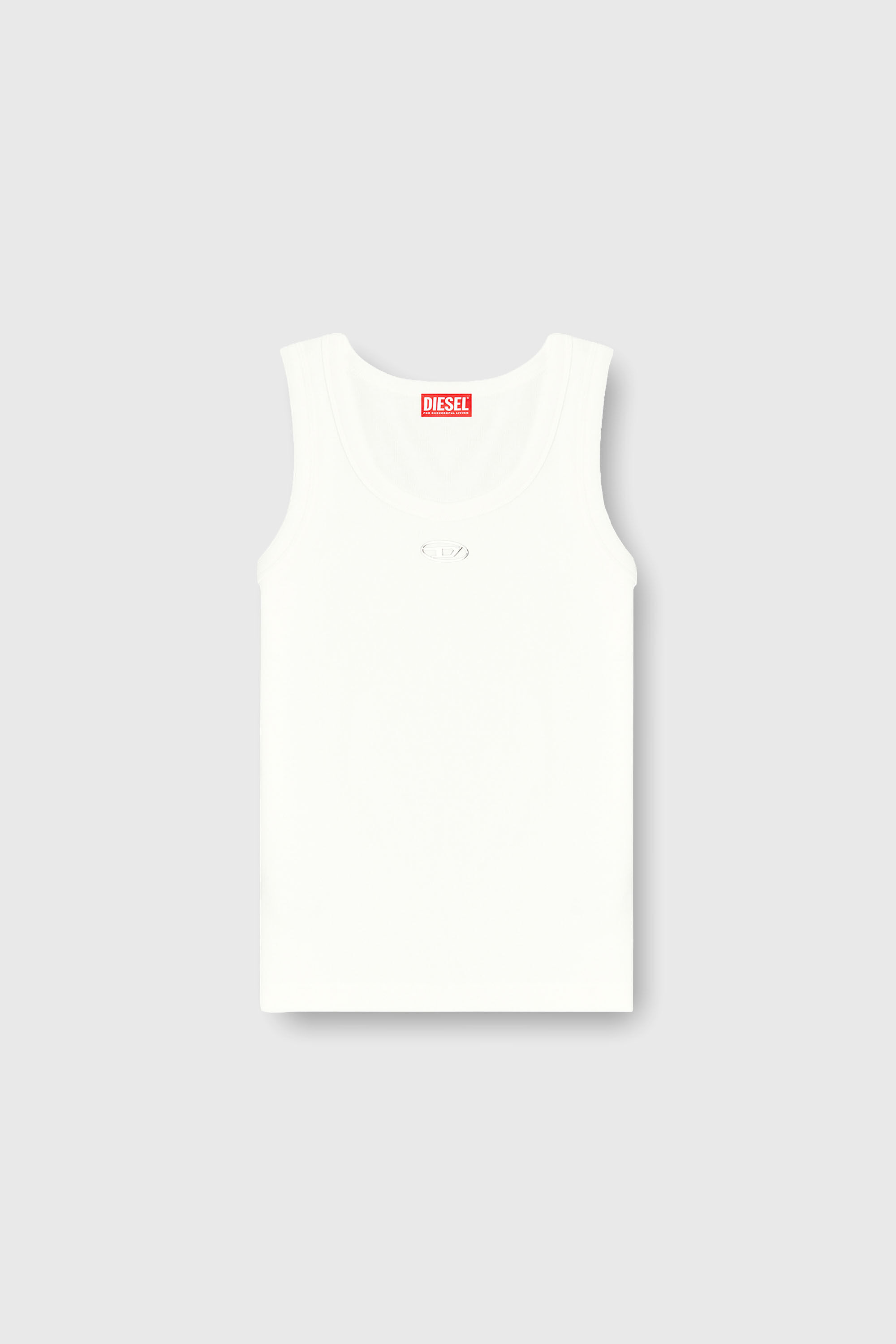 Diesel - T-ANKI-OD, Damen Schmal geschnittenes, geripptes Tanktop mit metallischem Oval D in Wei&szlig; - 2