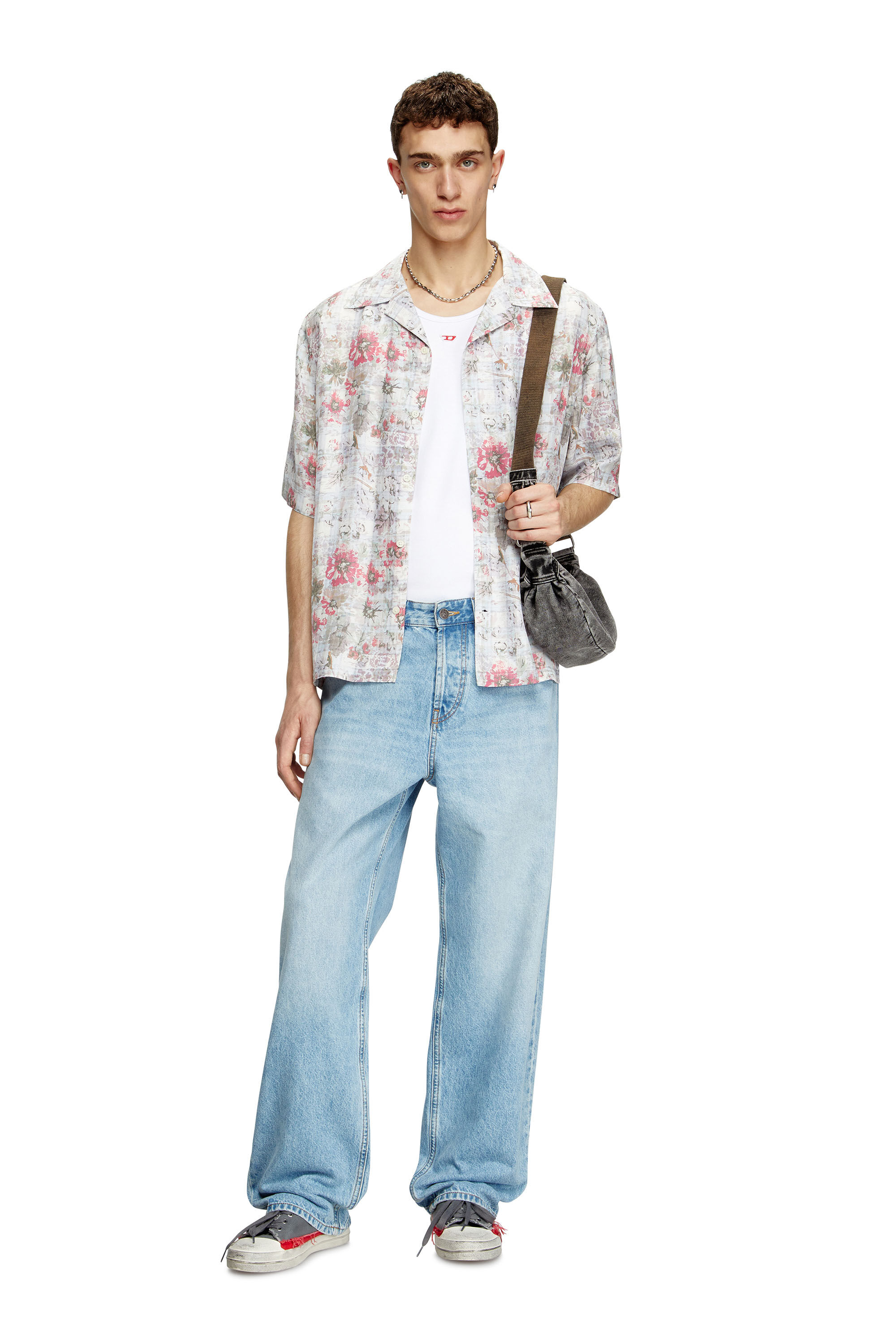 Diesel - S-LEYS, Herren Bowling-Hemd mit floralem Print in Blau/Rosa - 1