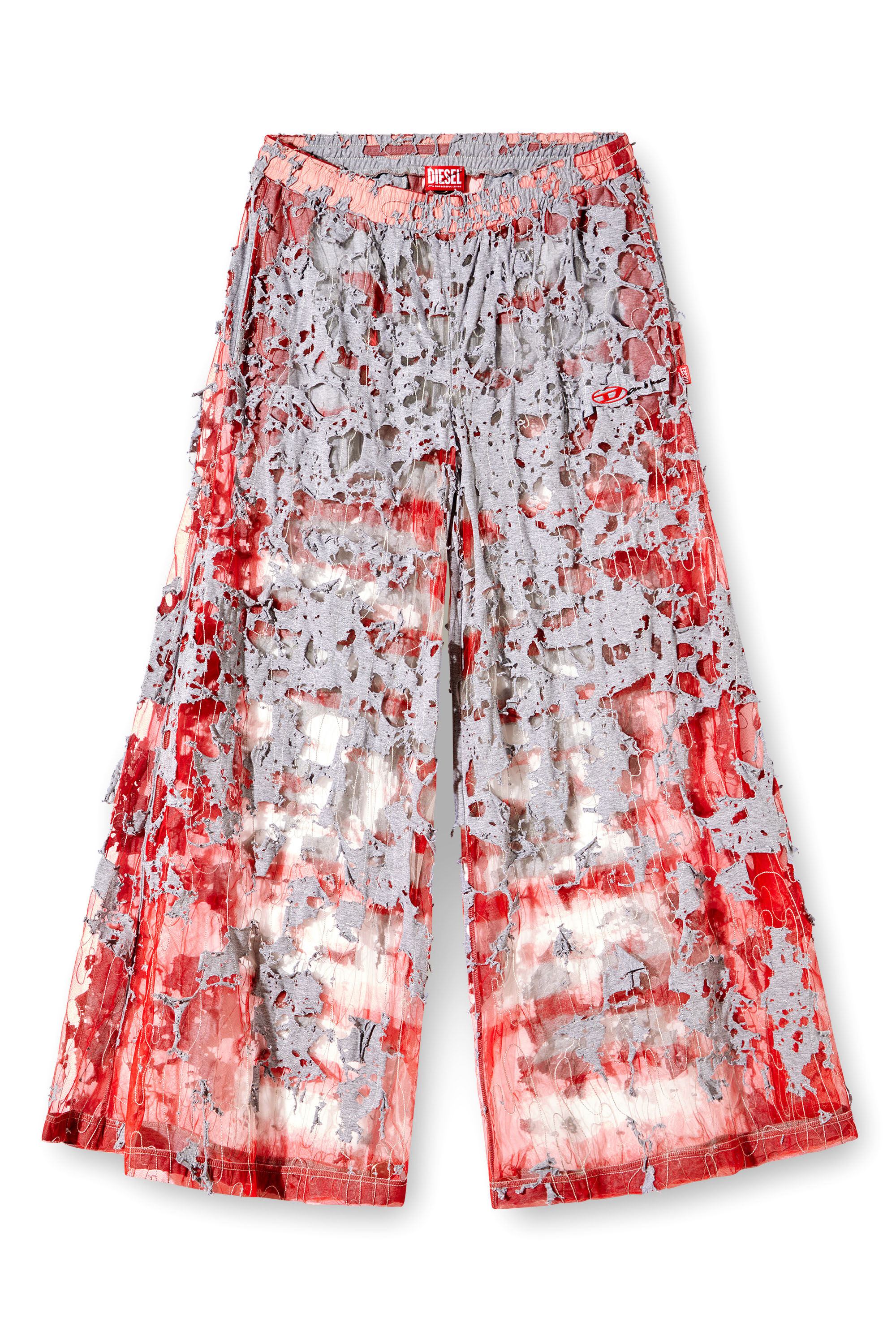 Diesel - P-DAM-DEVOR-DD, Unisex Devoré-Sweathose mit weitem Bein in Grau/Rot - 2