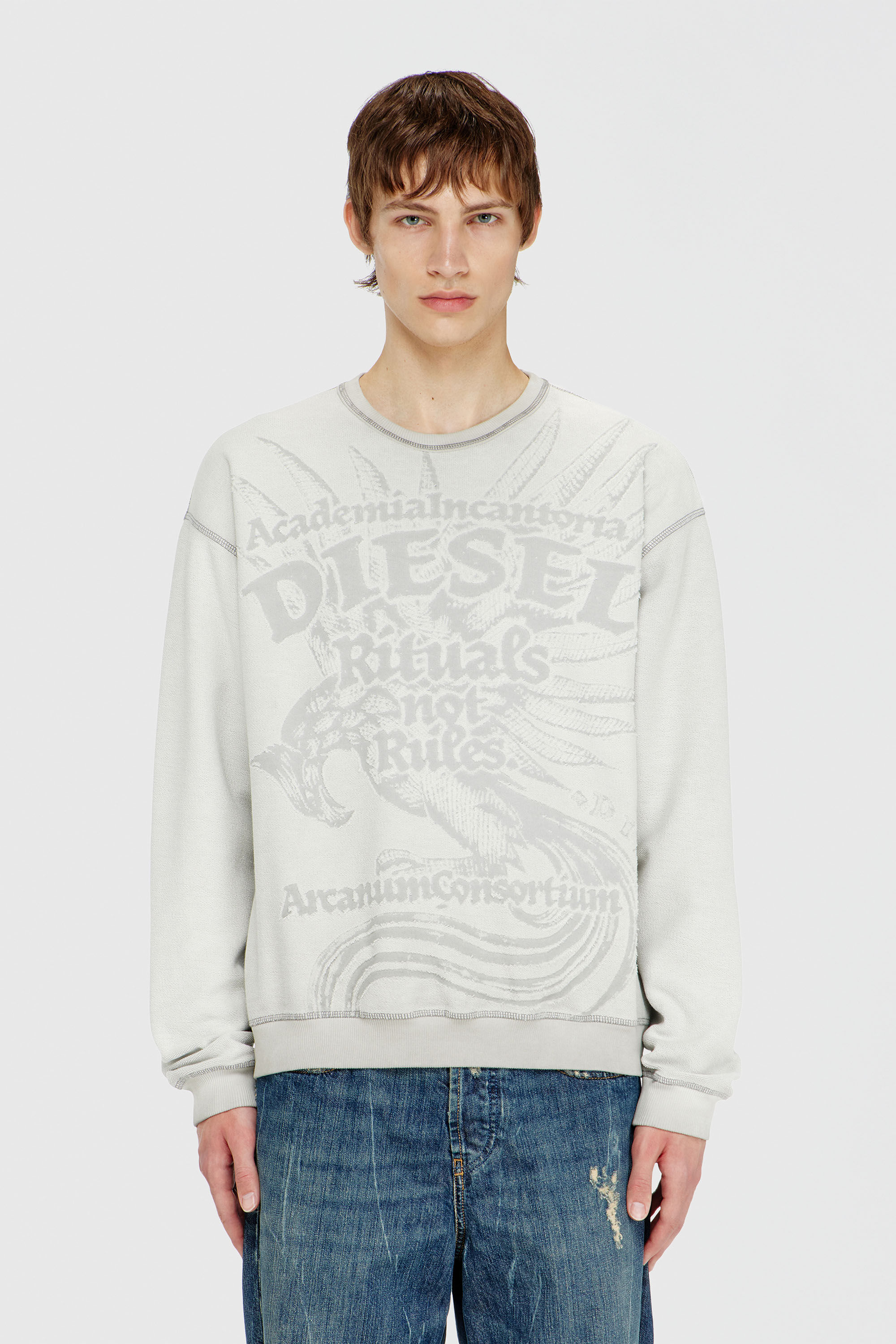 Diesel - S-ARON-RAW, Herren Sweatshirt mit d&eacute;vor&eacute;-Print in Hellgrau - 5