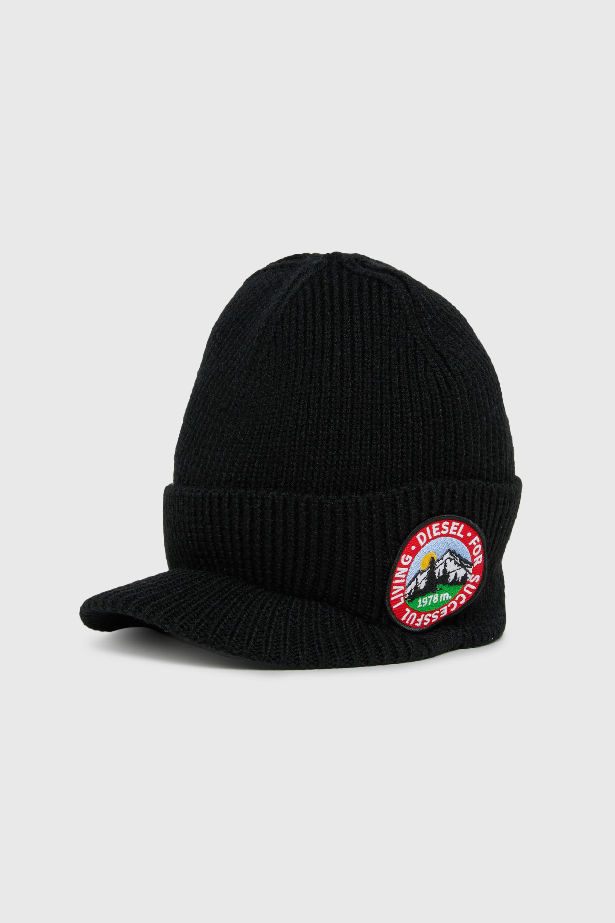 Diesel - FMONTI, Unisex Visor-Beanie aus geripptem Wollstrick in Schwarz - 1