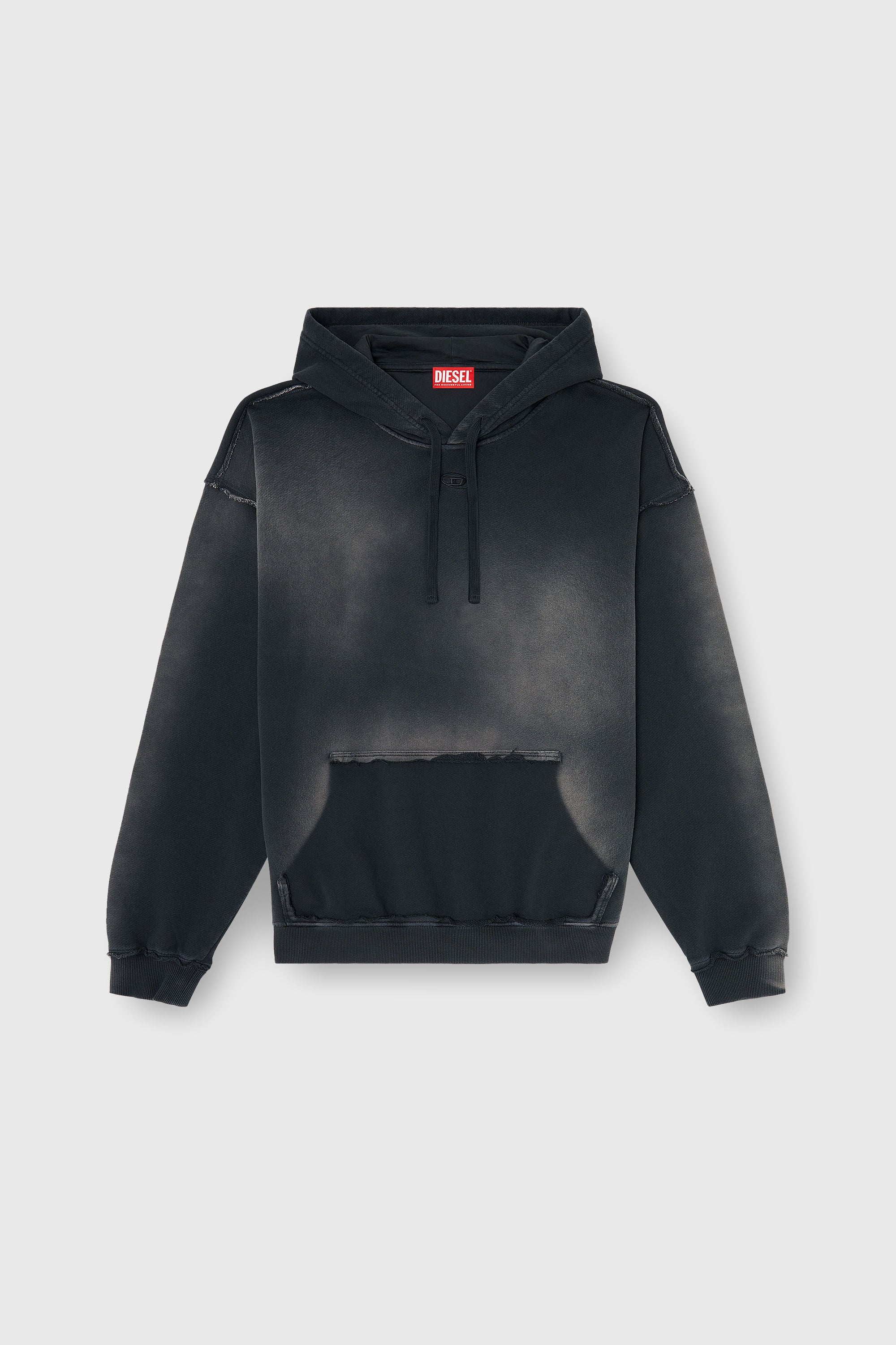 Diesel - S-POCK-HOOD, Herren Verblasster Baumwoll-Hoodie mit ausgefransten Details in Schwarz/Grau - 2