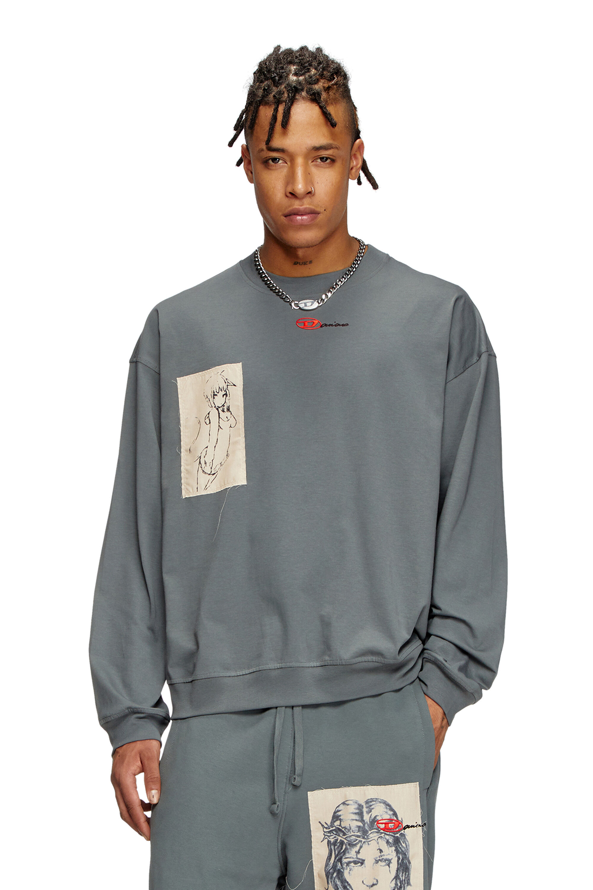 Diesel - S-BOXT-LS-1P-DD, Unisex Langarm-T-Shirt mit Tattoo-Patches in Grau - 3