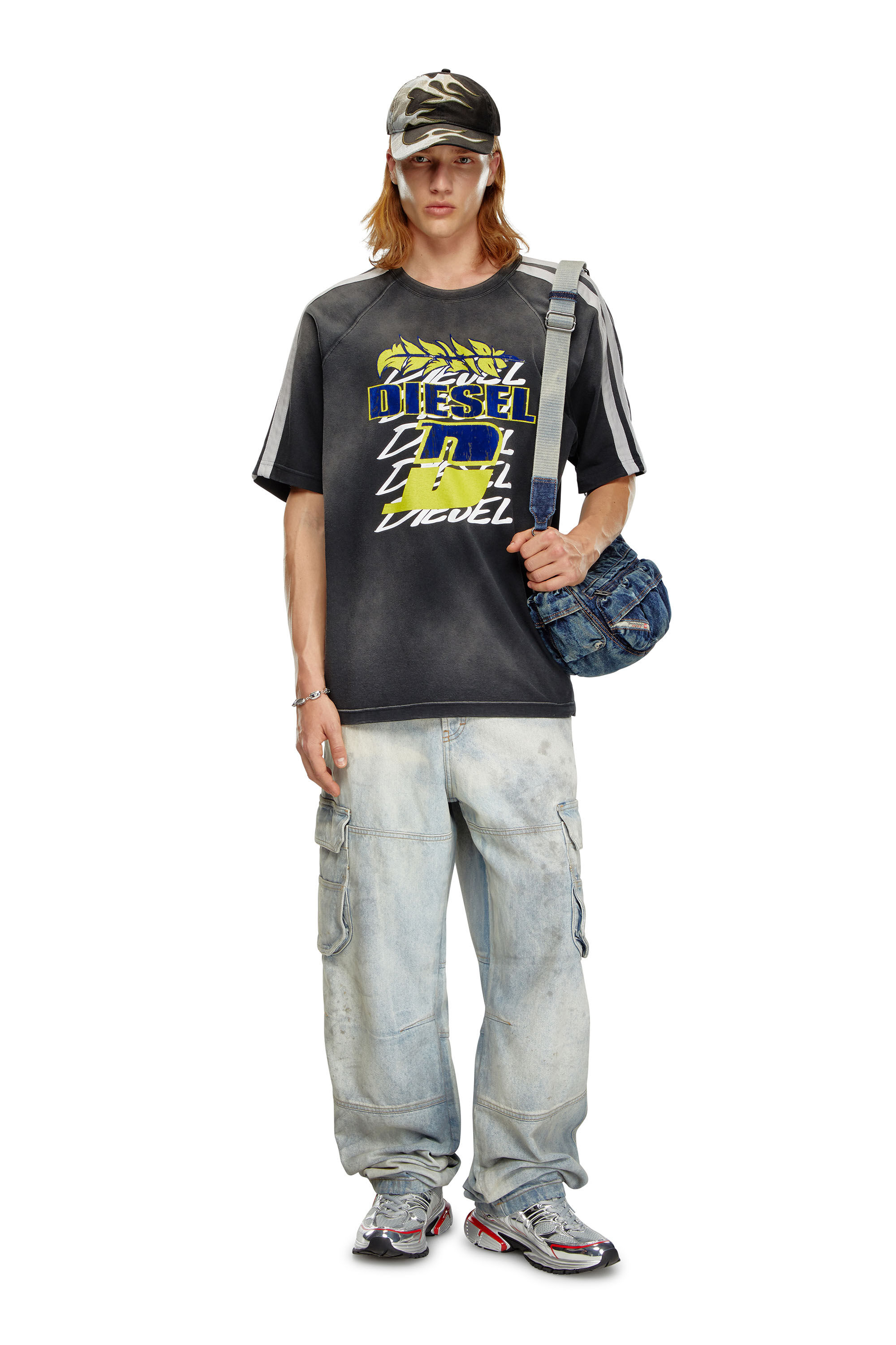 Diesel - T-ROXT-STRIPE, Man Faded T-shirt with flocked logo print in Black - Image 1
