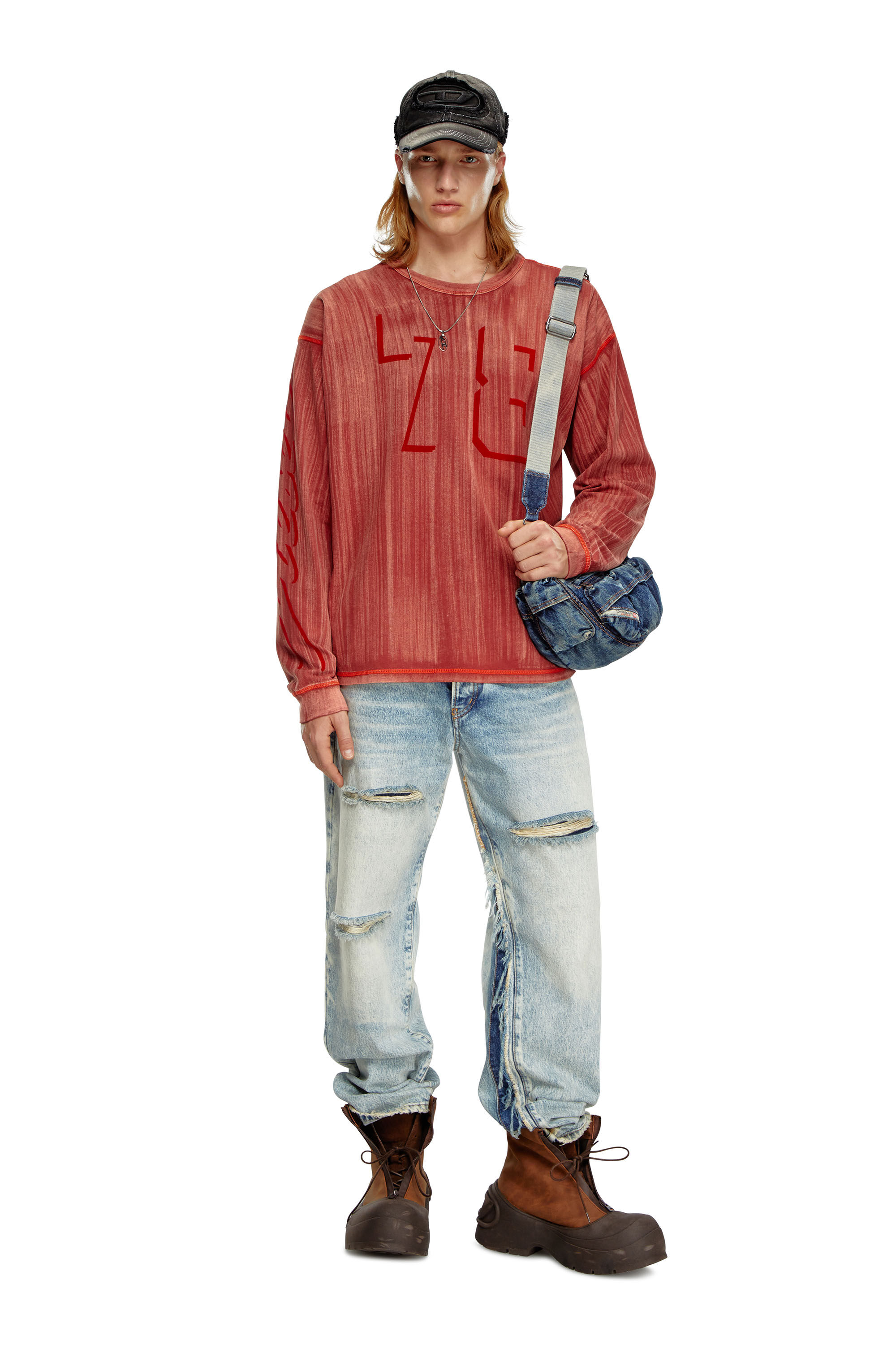 Herren Langarm-T-Shirt mit Pinselstrich-Fading | Rot | Diesel