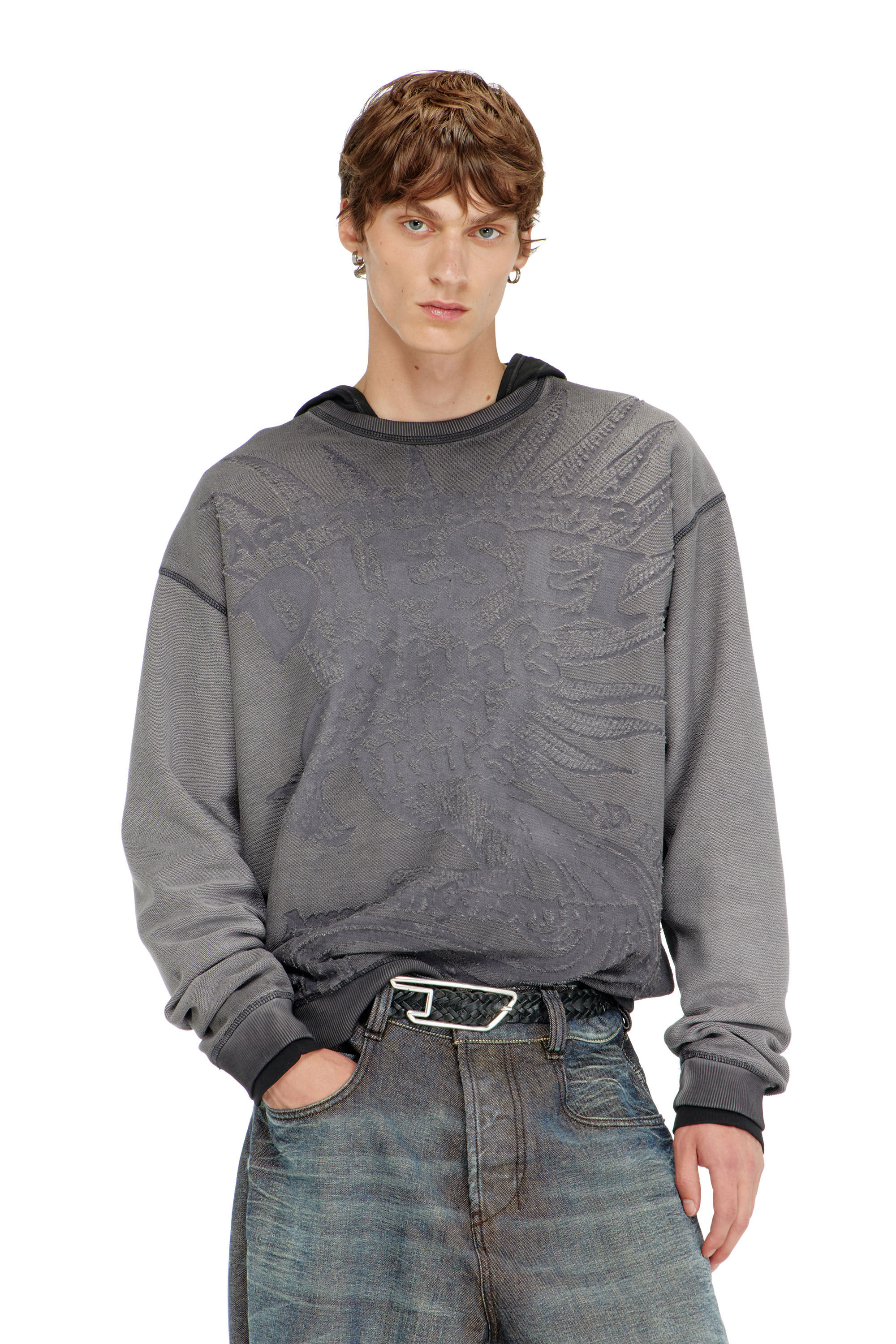 Diesel - S-ARON-RAW, Herren Sweatshirt mit d&eacute;vor&eacute;-Print in Dunkelgrau - 3