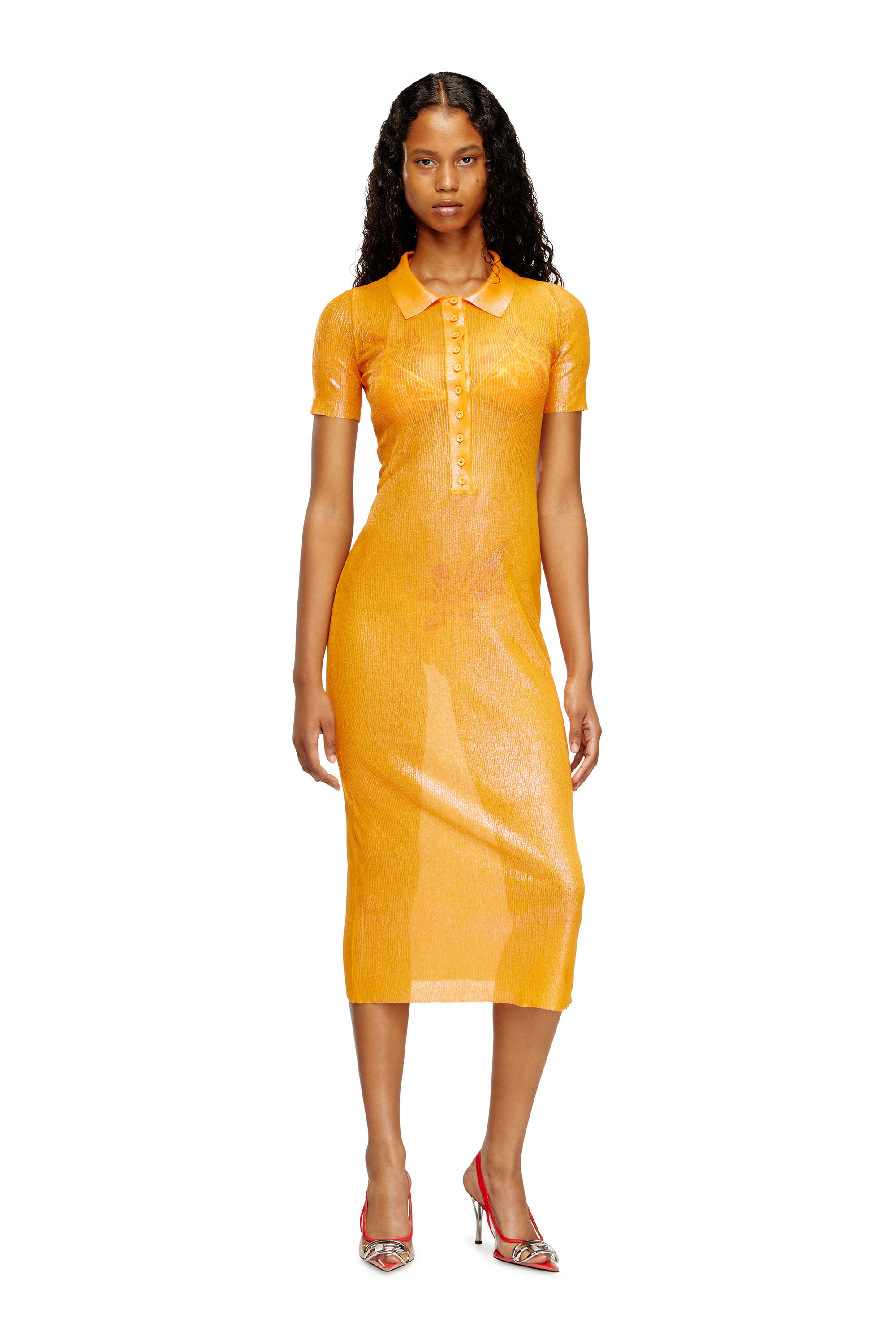 Diesel - M-ORANGE-KG, Damen Irideszierendes Strick-Polokleid mit Lotus-Print in Orange - 3