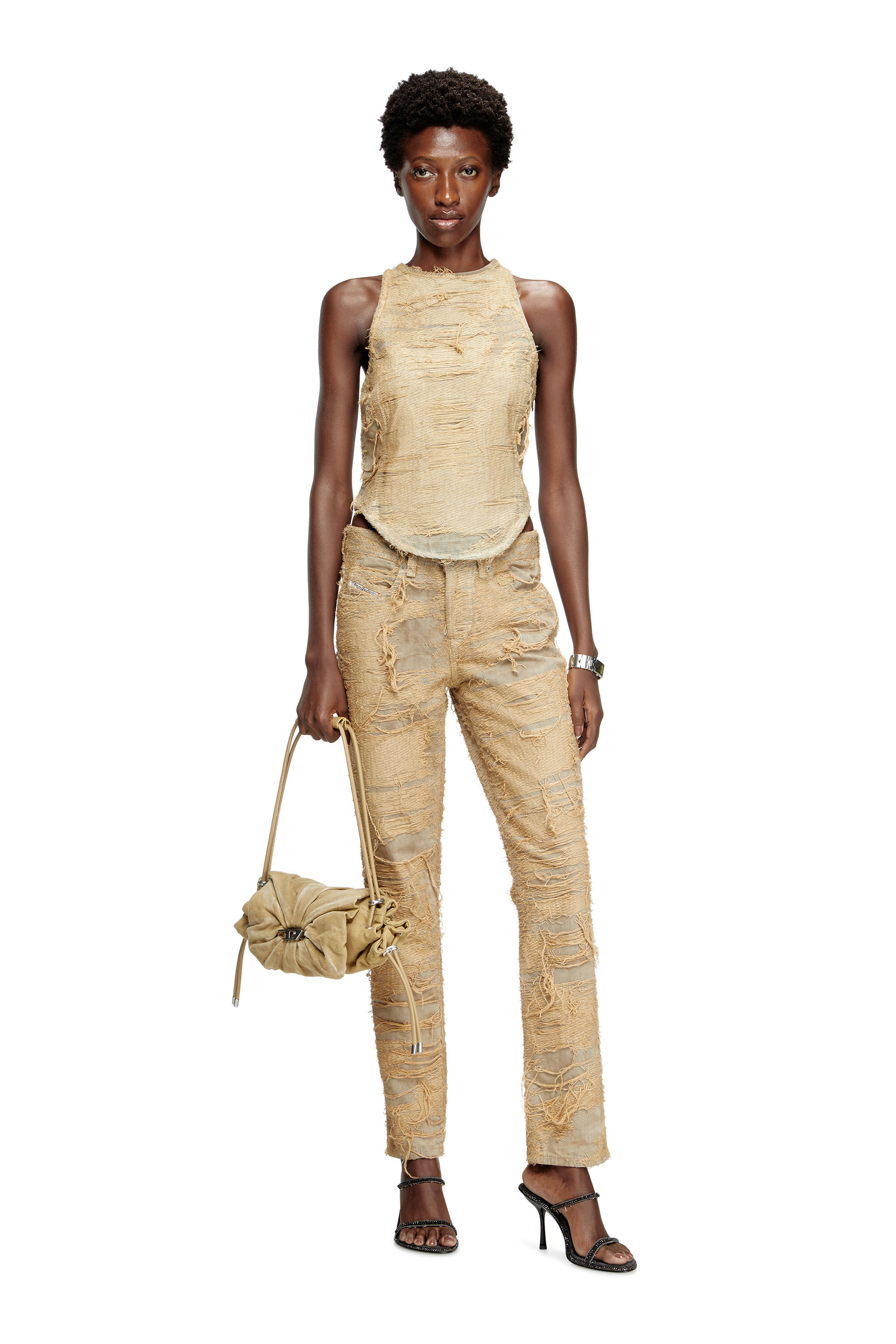 Diesel - DE-ASTRO-FSG, Damen Oberteil aus überfärbtem Denim mit fließenden Fäden in Beige - 1