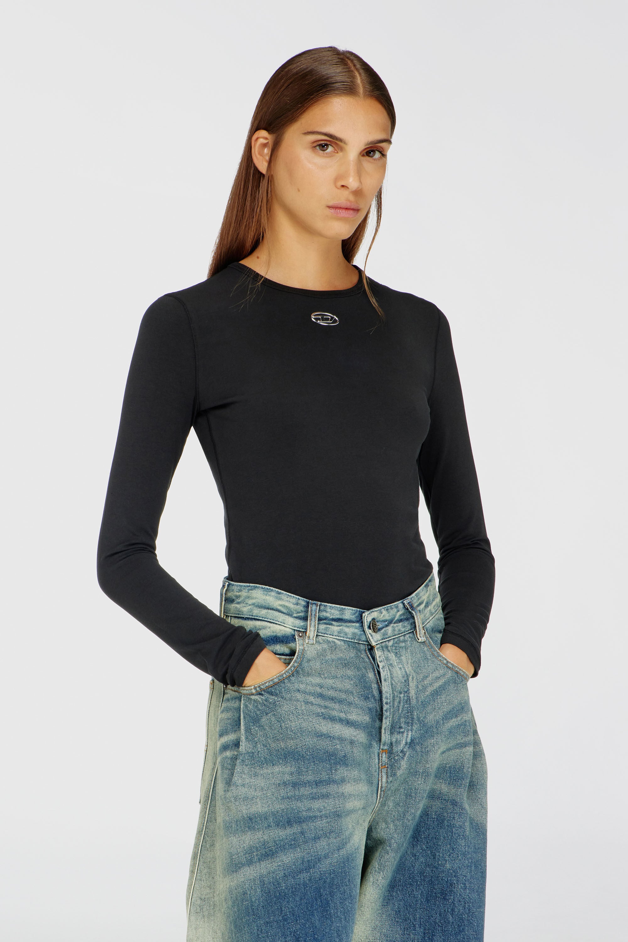 Diesel - T-UNCUTIESLONG-LS-OD, Damen Baumwollpullover mit Oval-D-Logo in Schwarz - 3