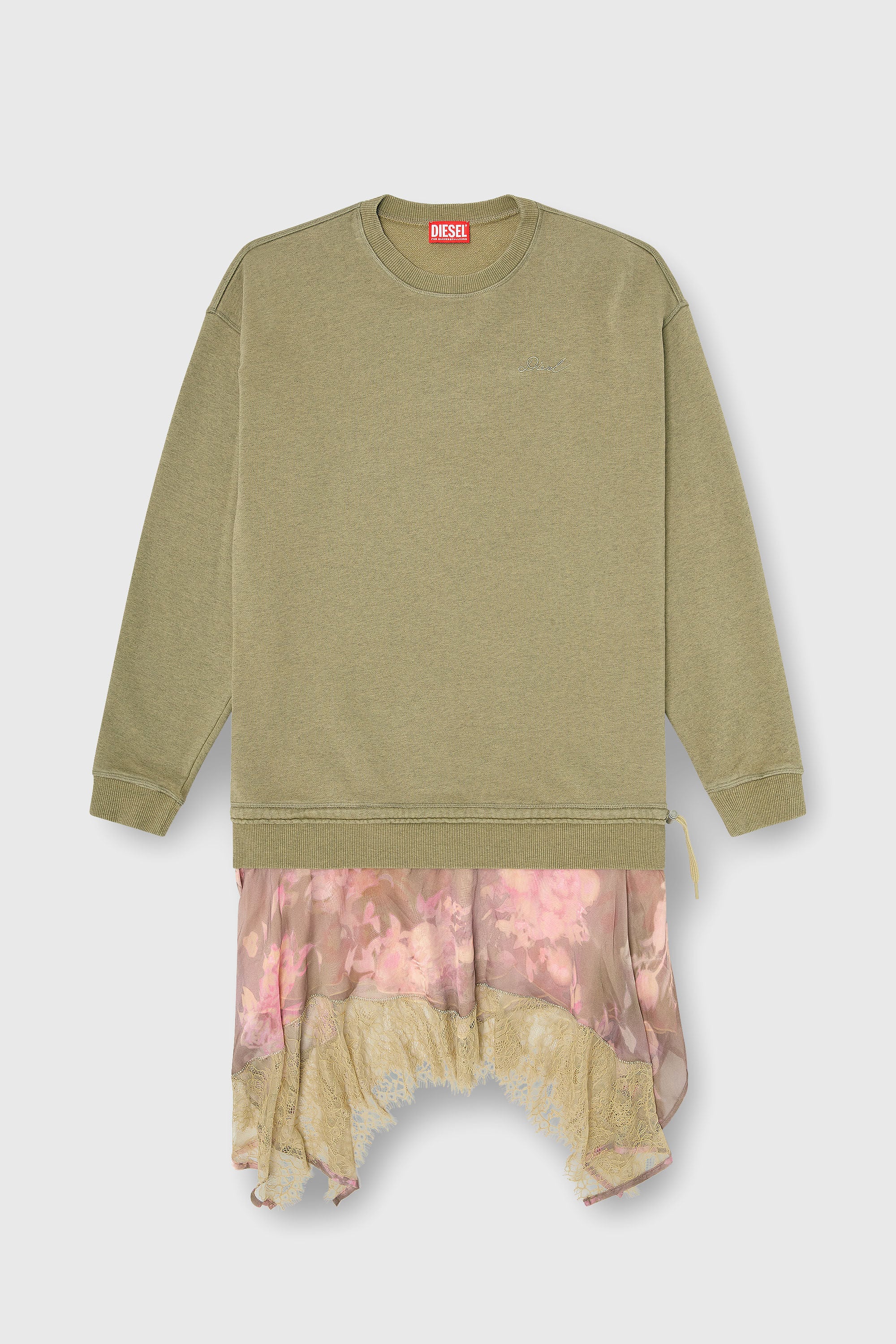 Diesel - D-ORELY, Damen Sweatshirt-Kleid mit Chiffon- und Spitz Rock in Rosa/Gr&uuml;n - 2