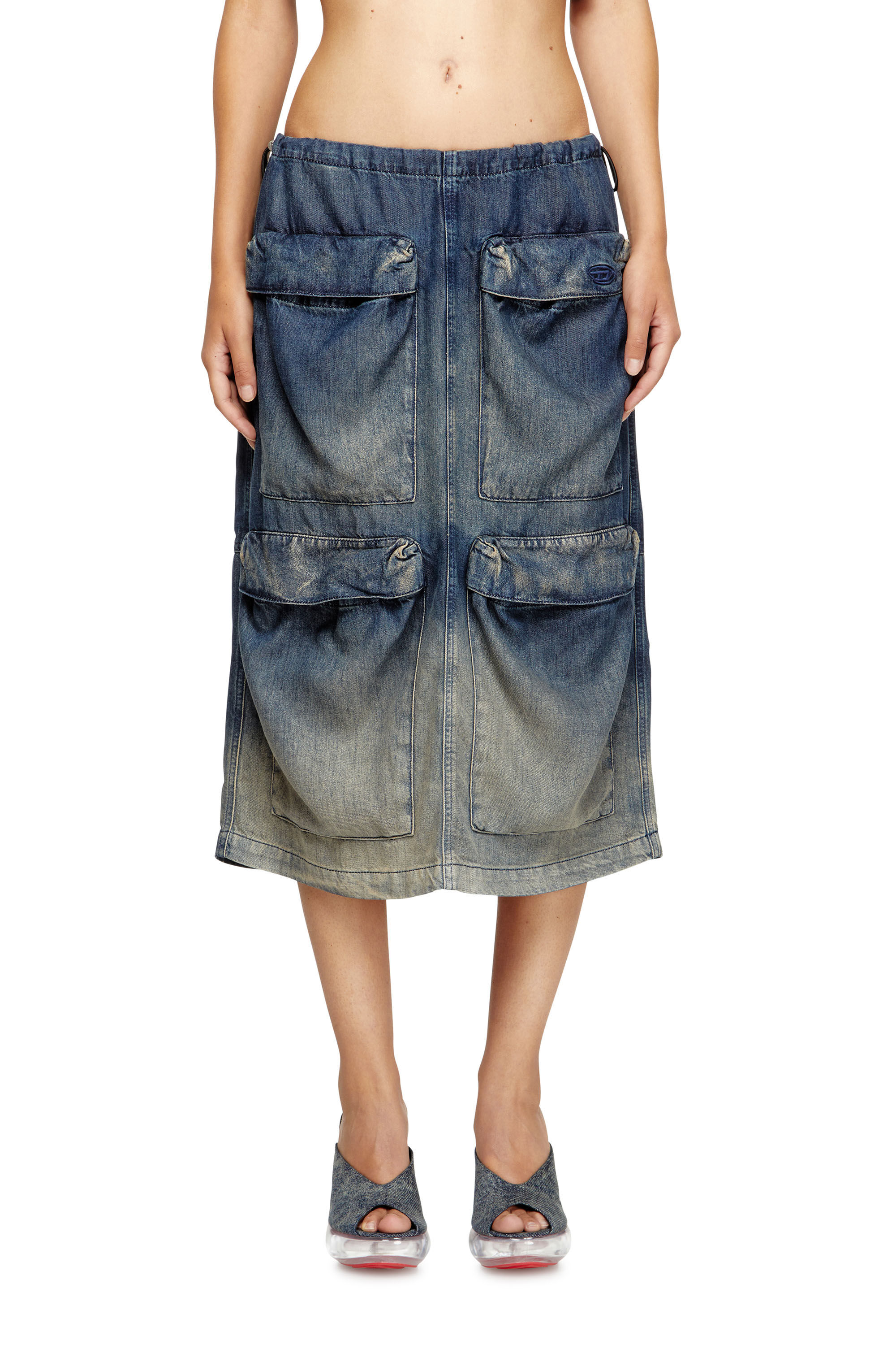 Diesel - DE-MEGI-S, Damen Midi-Rock aus fließendem Farbverlauf-Denim in Dunkelblau - 3