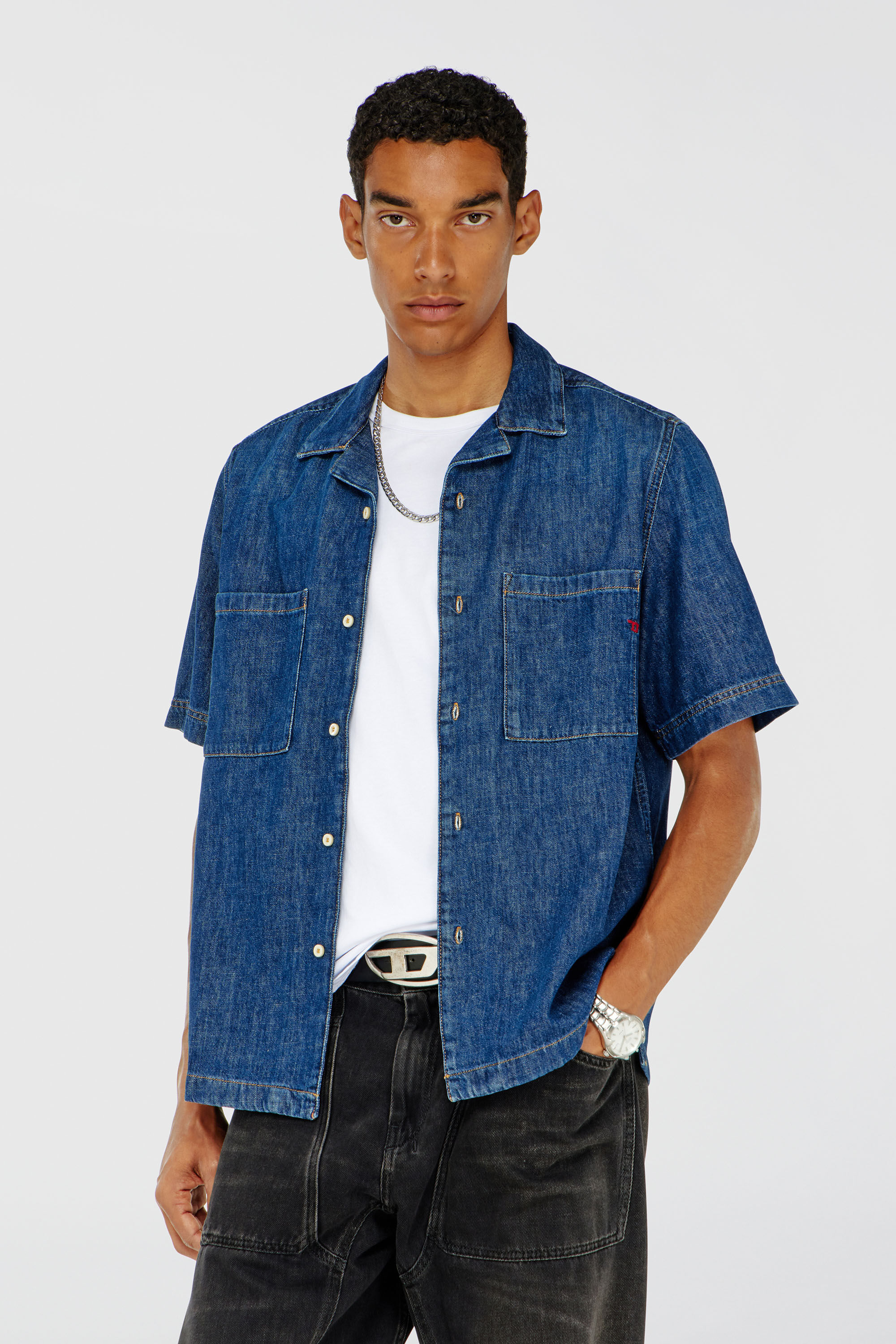 Diesel - D-PAROSHORT, Man's Bowling shirt in denim in Dark Blue - 3