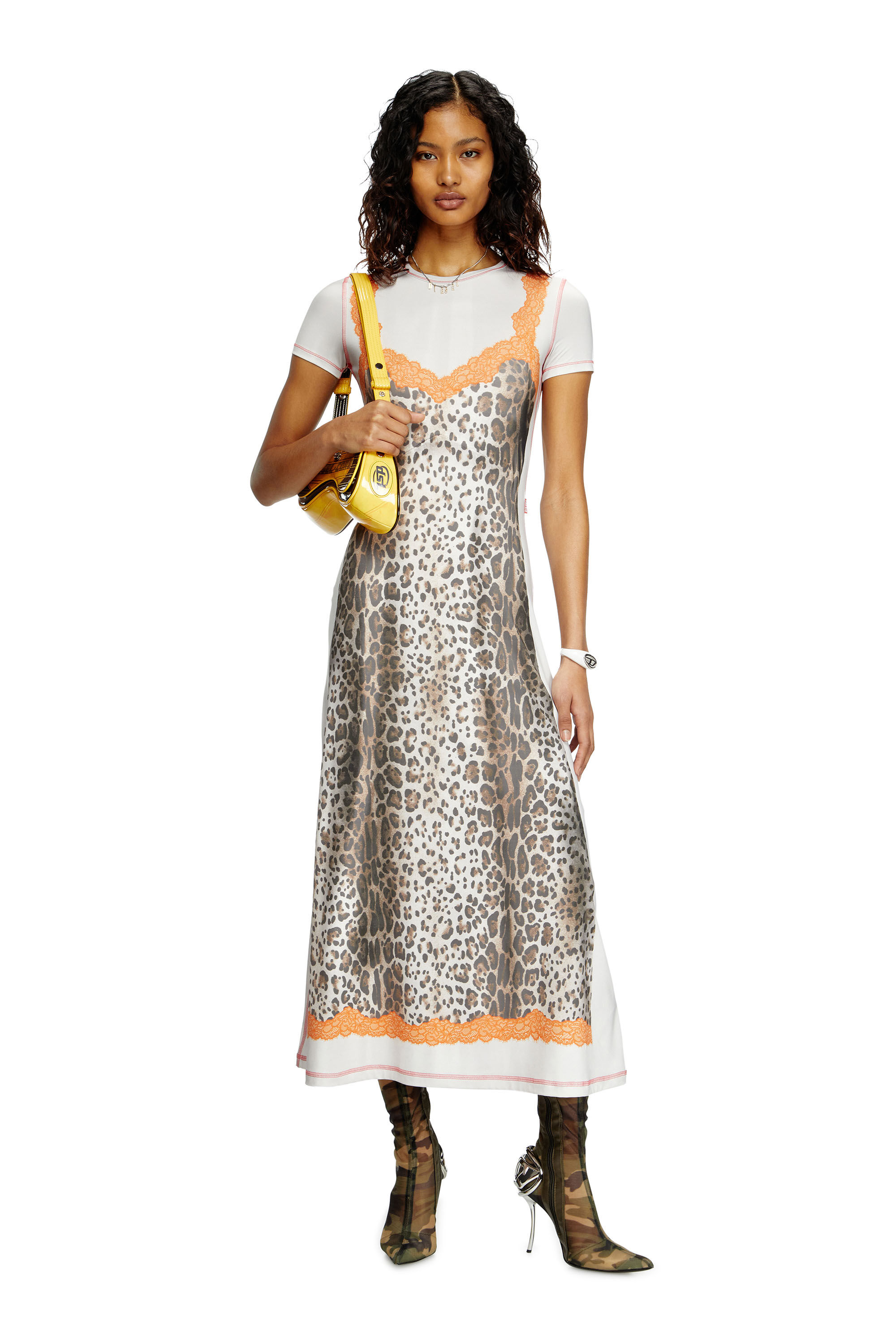 Diesel - D-ILE, Damen Midi-Kleid mit Trompe-l'oeil-Tasche in Braun/Weiss - 1
