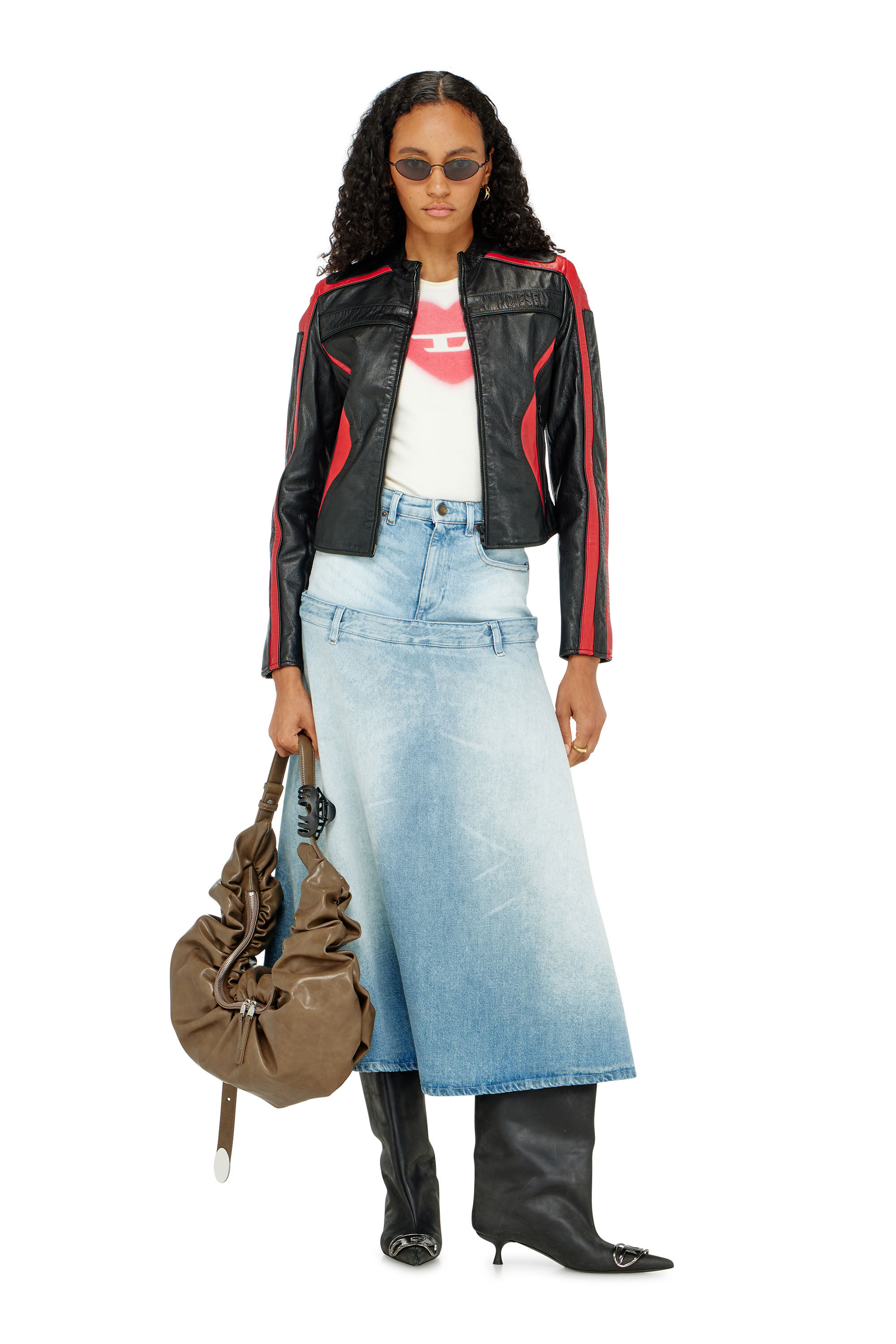 Diesel - L-OVABLE, Damen Bikerjacke aus Leder im Colour-Block-Design in Schwarz/Rot - 1