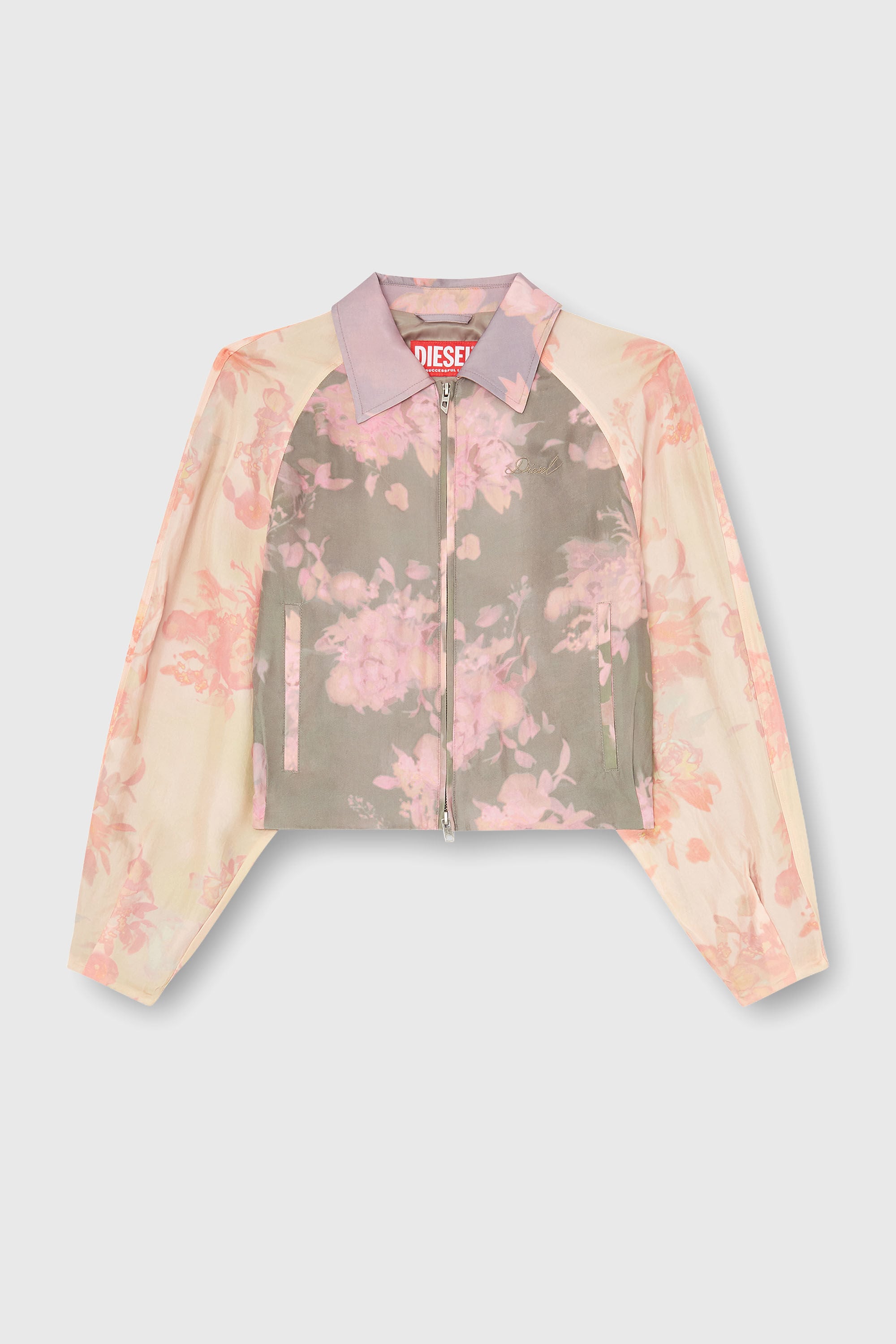 Diesel - G-ALENA, Damen Gebl&uuml;mte Bomberjacke aus geknittertem Acetat in Gr&uuml;n/Rosa - 2