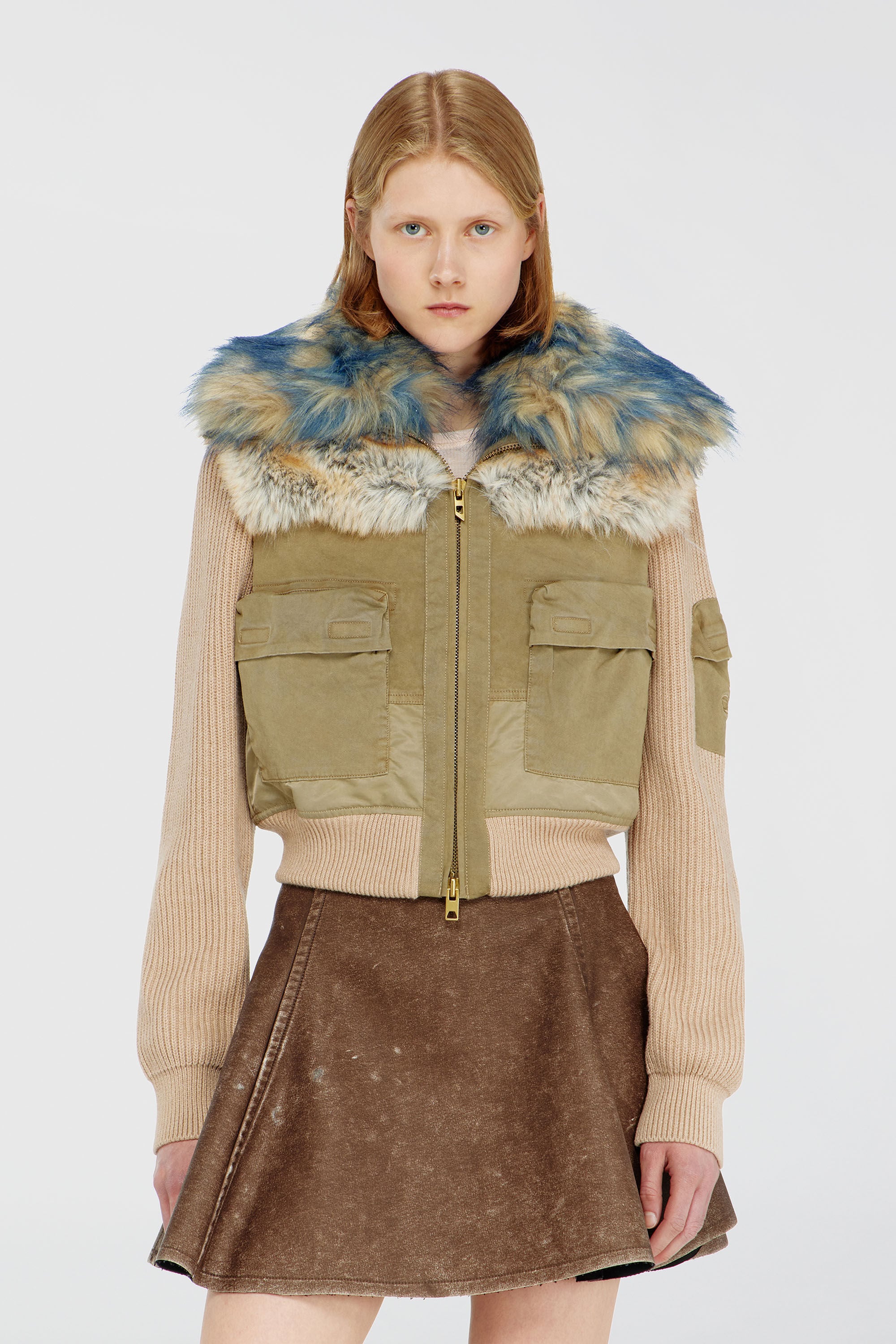 Diesel - G-USTAV, Damen Bomberjacke mit Rippstrick- und Pl&uuml;schbesatz in Beige - 3